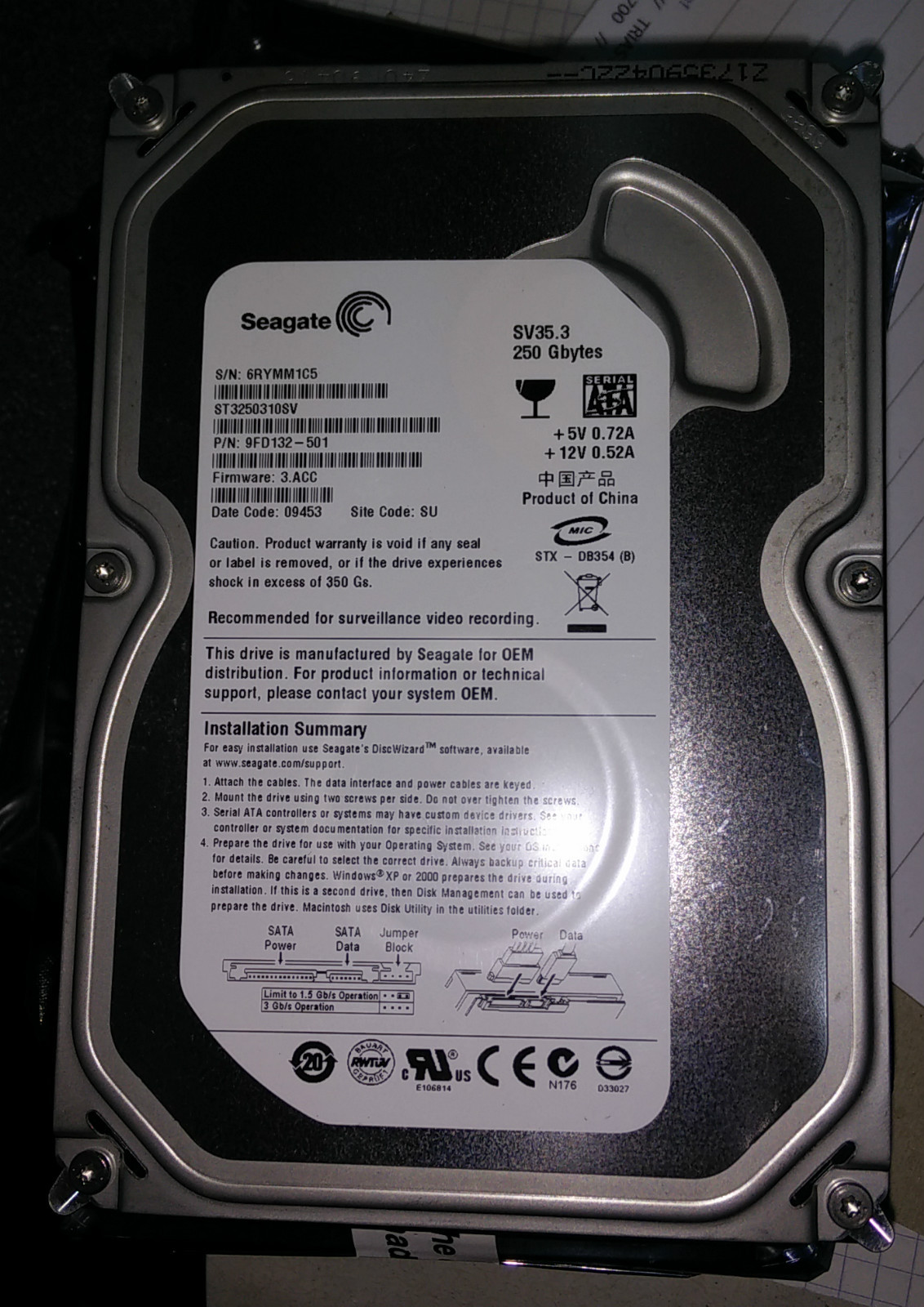 Seagate Barracuda ST3250310SV 250GB 3.5" SATA Hard Disk Drive - NEW