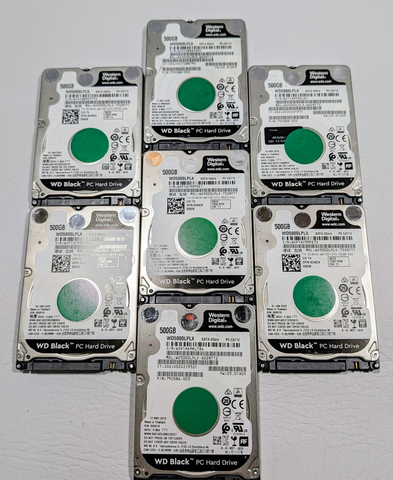 Lot of 7 Western Digital WD Black 500GB 2.5" SATA Hard Drives 7200RPM WD5000LPLX