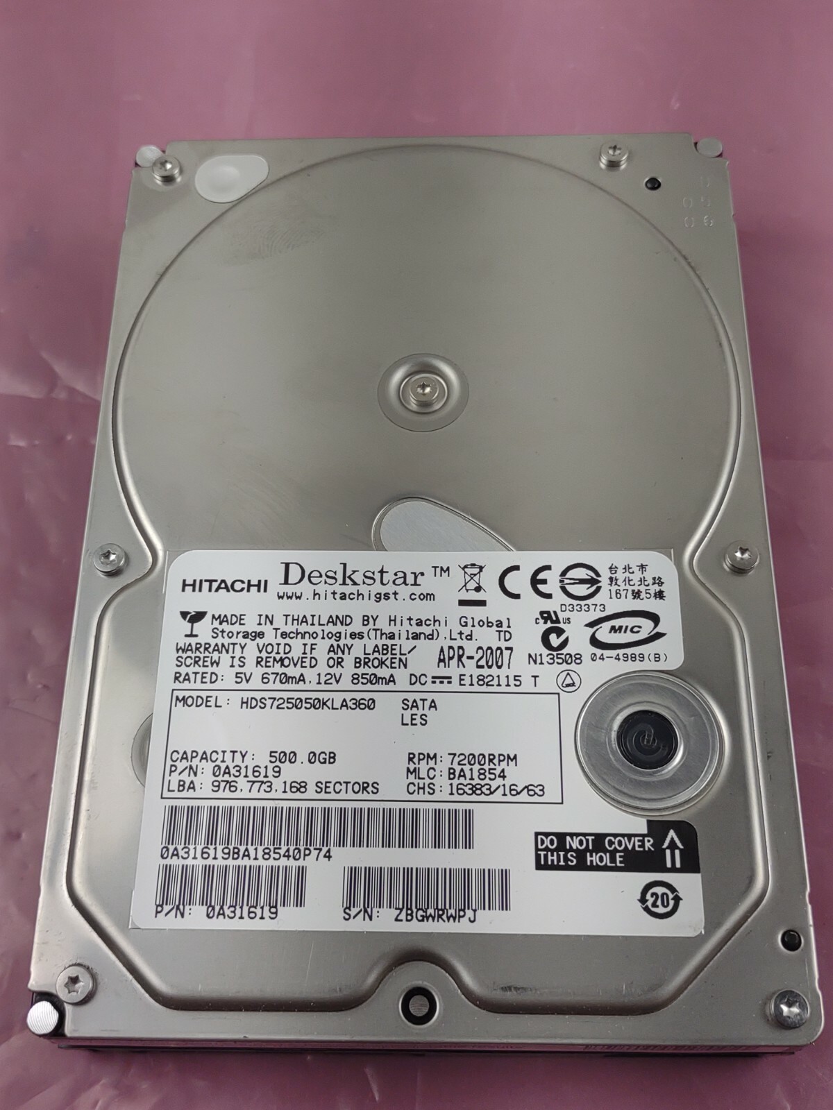 HDS725050KLA360, PN 0A31619, MLC BA1772, Hitachi 500GB SATA 3.5 Hard Drive