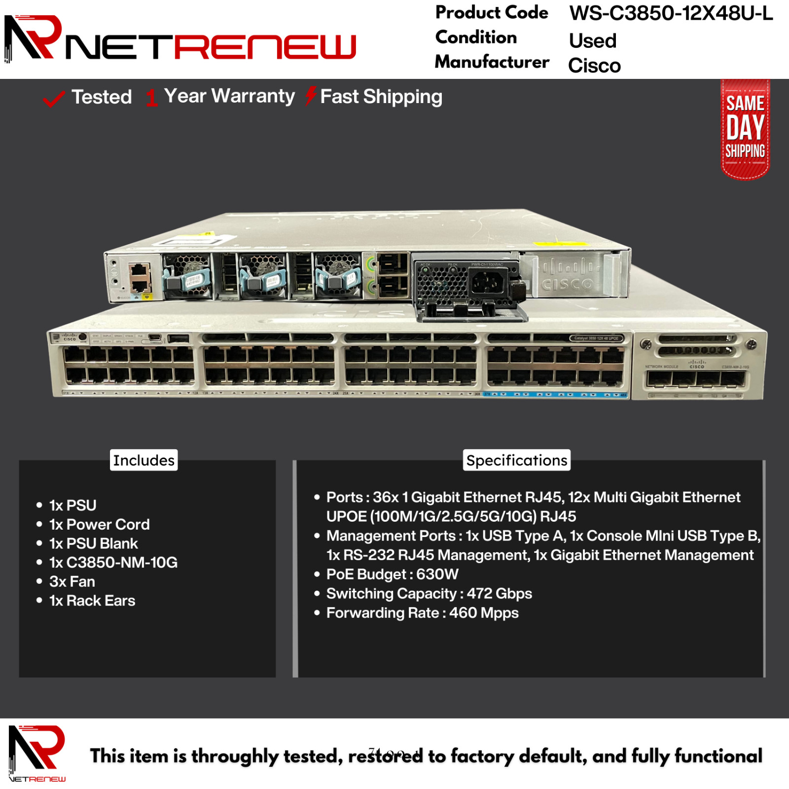 Cisco Catalyst WS-C3850-12X48U-L 48-Port(12x MultiGB) UPOE w/C3850-NM-2-10G