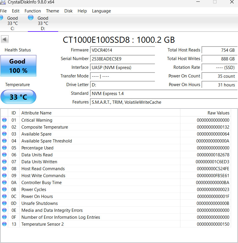 Crucial E100 1TB m.2 2280 NVMe CT1000E100SSD8 SSD, Fast Ship