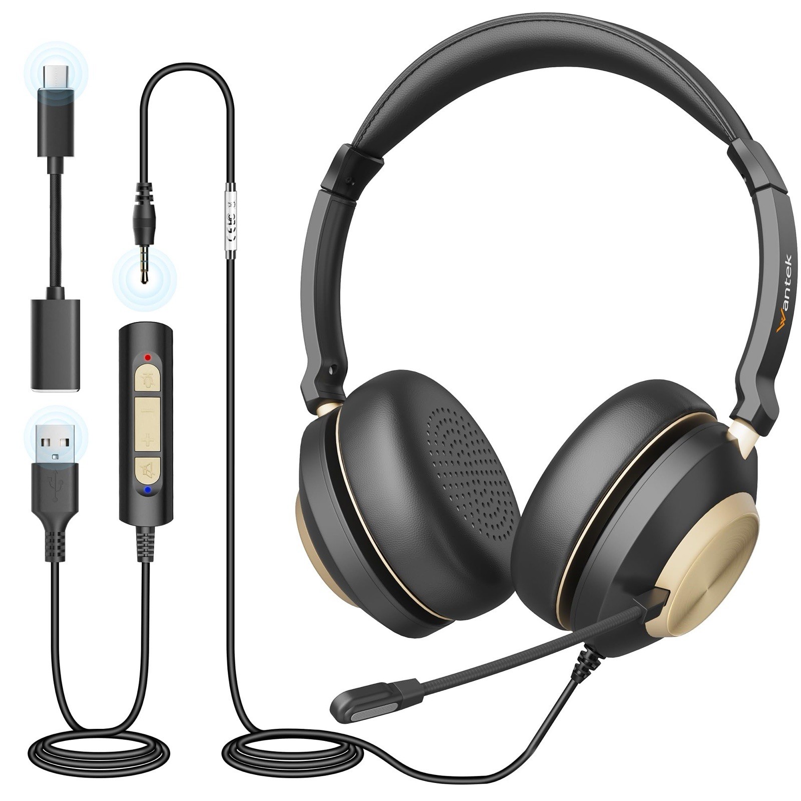 Wantek USB Headset with Microphone, Type-c/USB/3.5mm Jack 3-in-1 PC Headset
