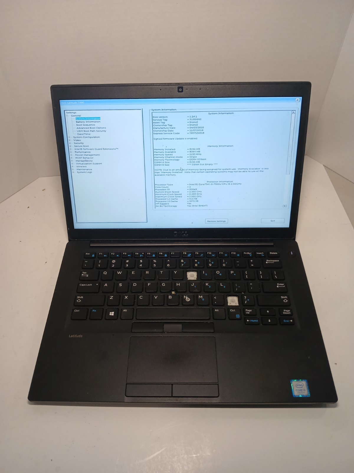 Dell Latitude 7480 14" Laptop i5-7300U 2.6GHz 8GB RAM No SSD/OS #97