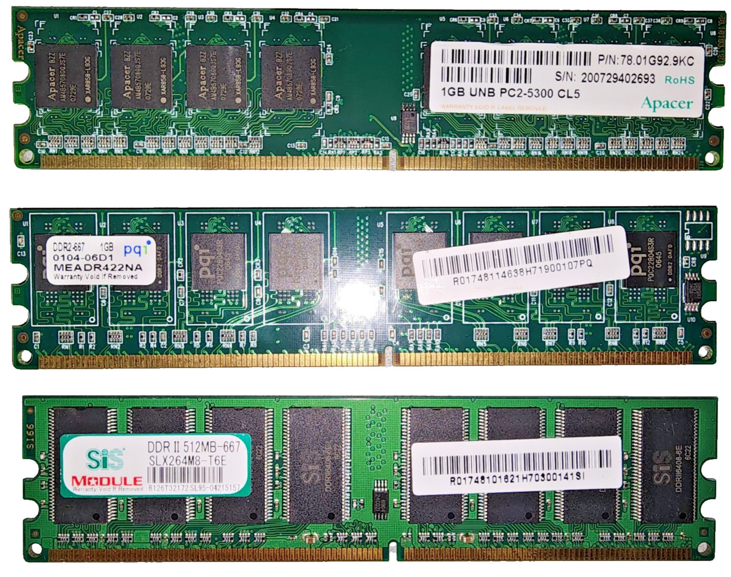 Lot of 3 DDR2-667 PC2-5300 RAM 2.5GB (SiS 512MB + pqi 1GB + Apacer 1GB) DIMM