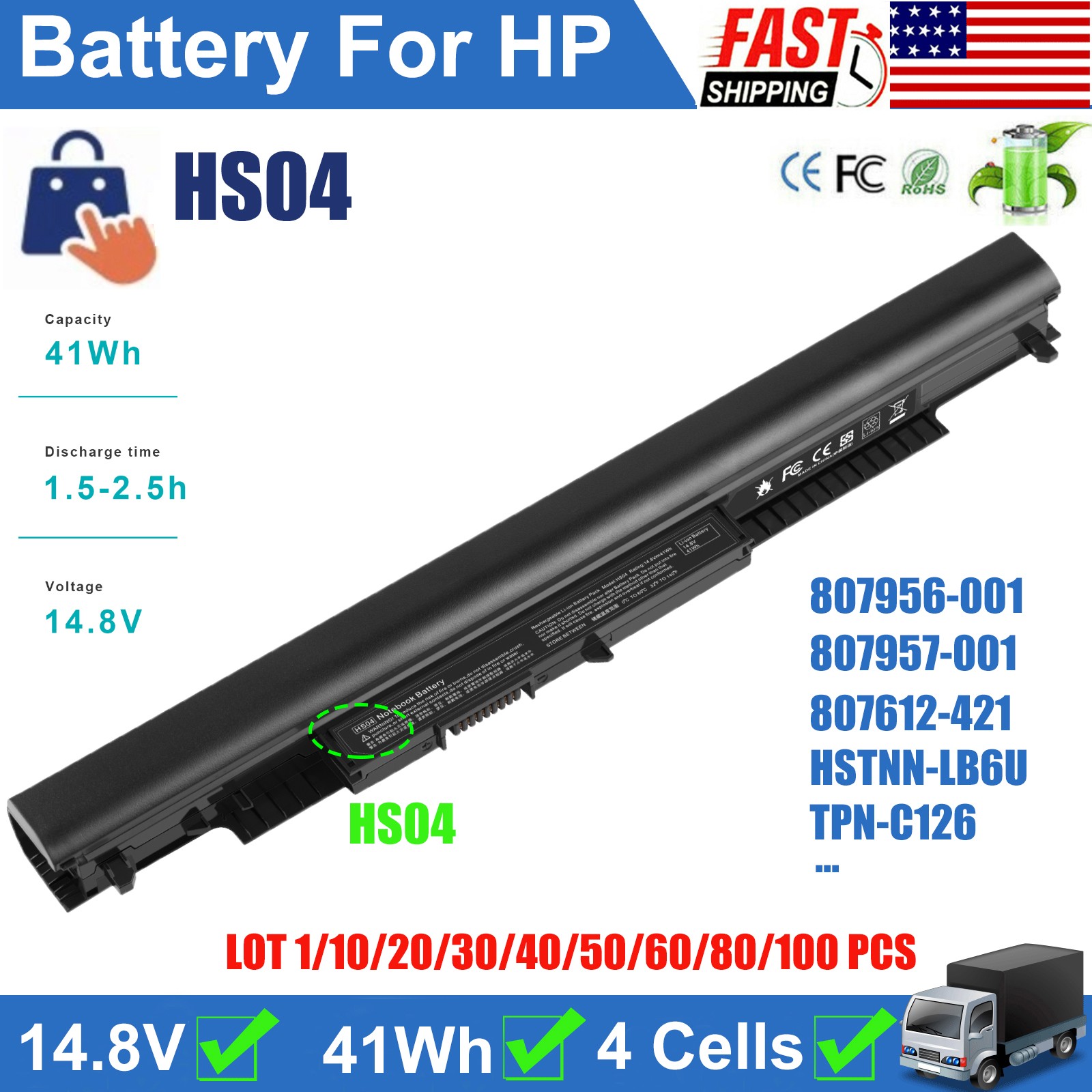 ✅LOT 1-100 HS04 Battery For HP 240 G4 250 255 G4 807956-001 807957-001 TPN-C126