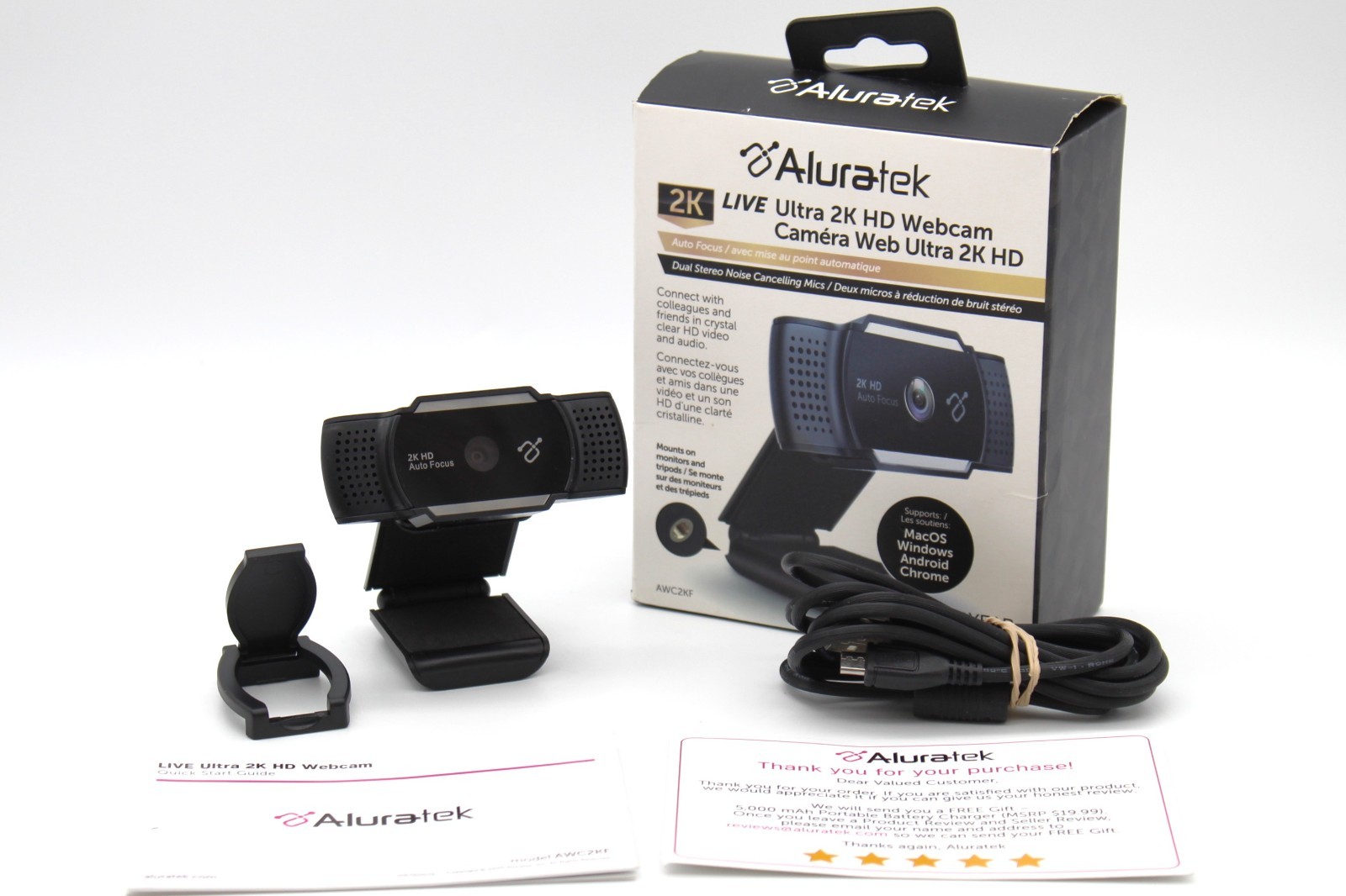 Aluratek LIVE AWC2KF Ultra 2K HD Webcam Auto Focus Dual Stereo Mic USB