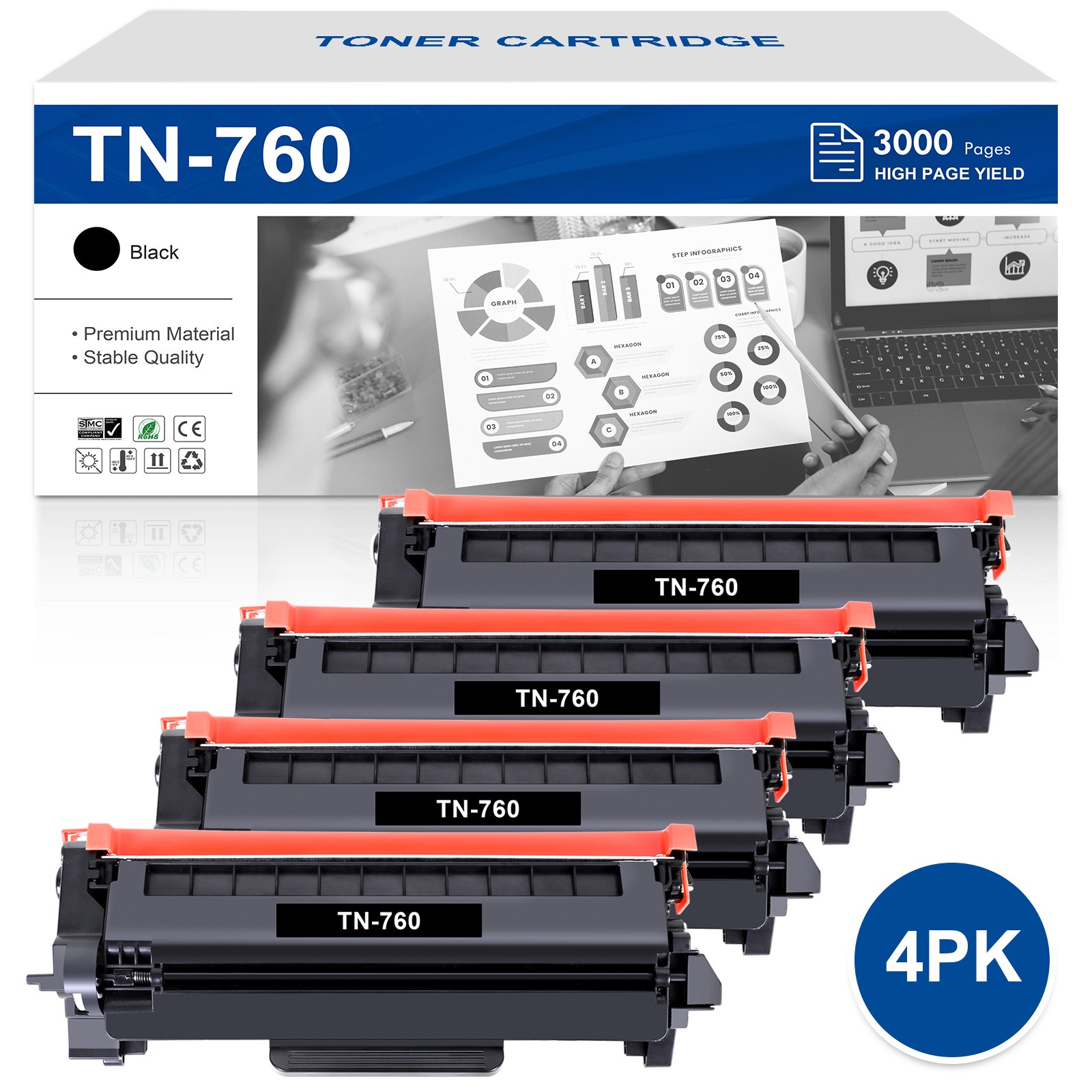4x TN760 Toner Compatible for Brother MFC-L2710dw HL-L2370DW MFC-L2717DW TN730