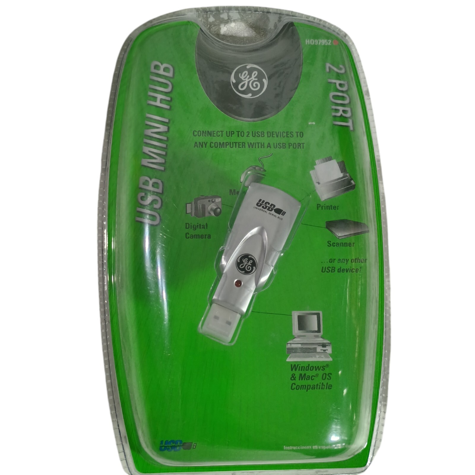 GE USB 2 Port Mini Hub 2.0/HO97952 Windows & Mac Compatible 