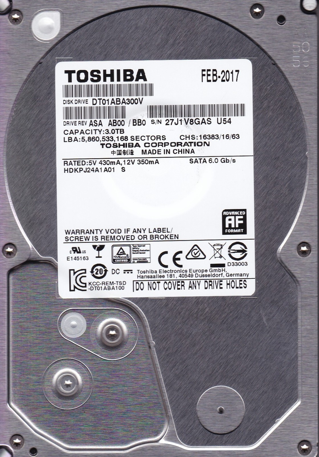 DT01ABA300V HDKPJ24A1A01 S Rev ASA AB00/BB0 MC4940 3TB SATA 3.5 FEB 2017 TOSHIBA