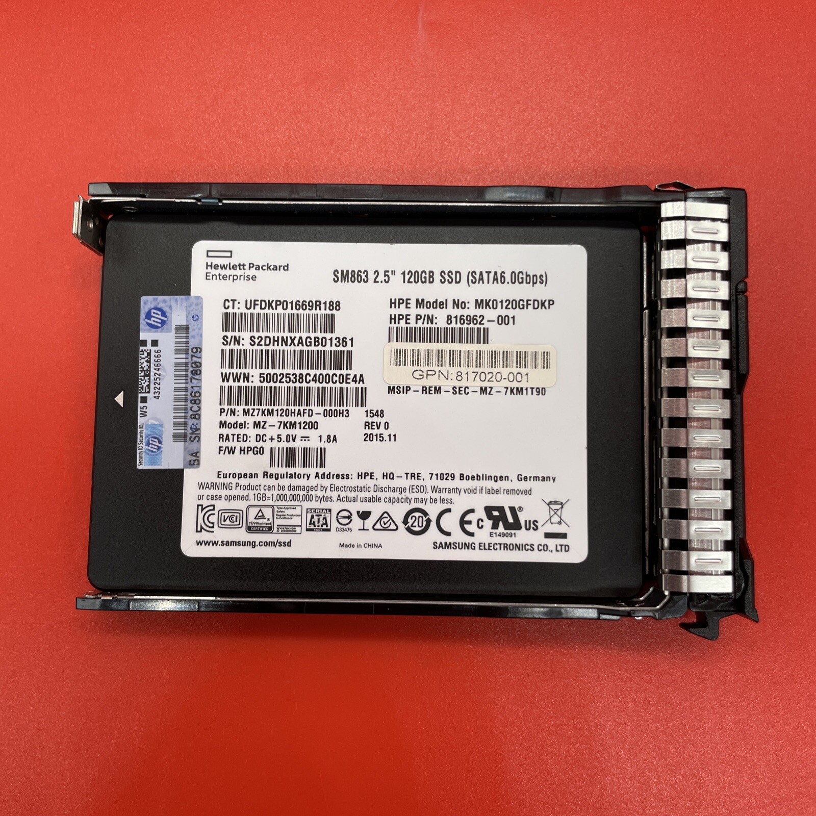 HPe 120G SSD SATA6 MK0120GFDKP 816969-B21 816962-001 817098-001 in 817096 Tray