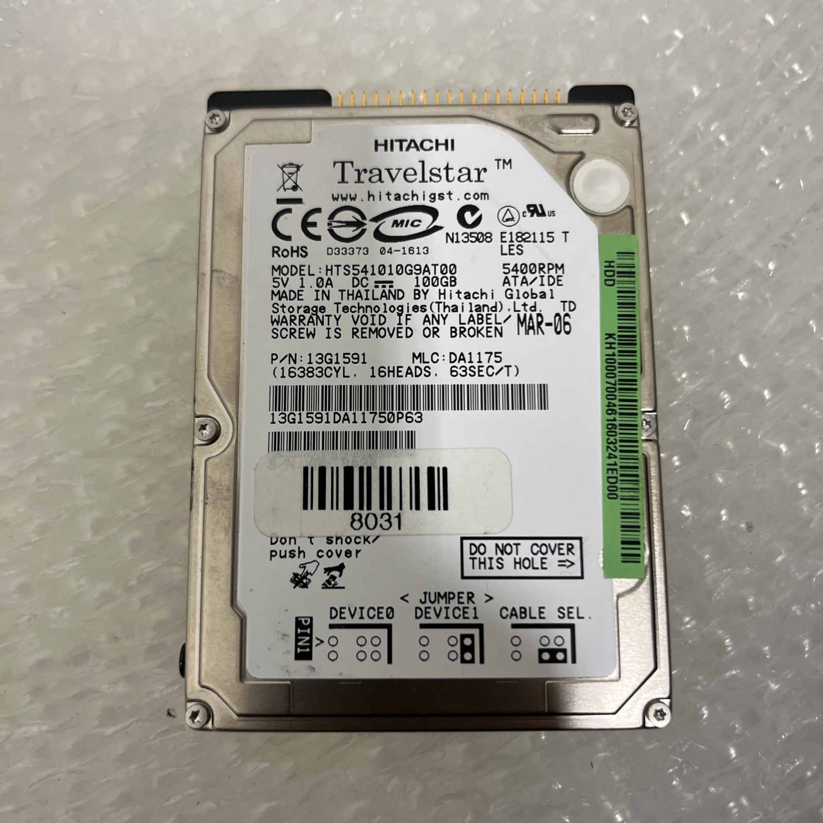 HTS541010G9AT00 HITACHI 100 GB 2.5" 5400 RPM PATA IDE Hard Disk Drive HDD