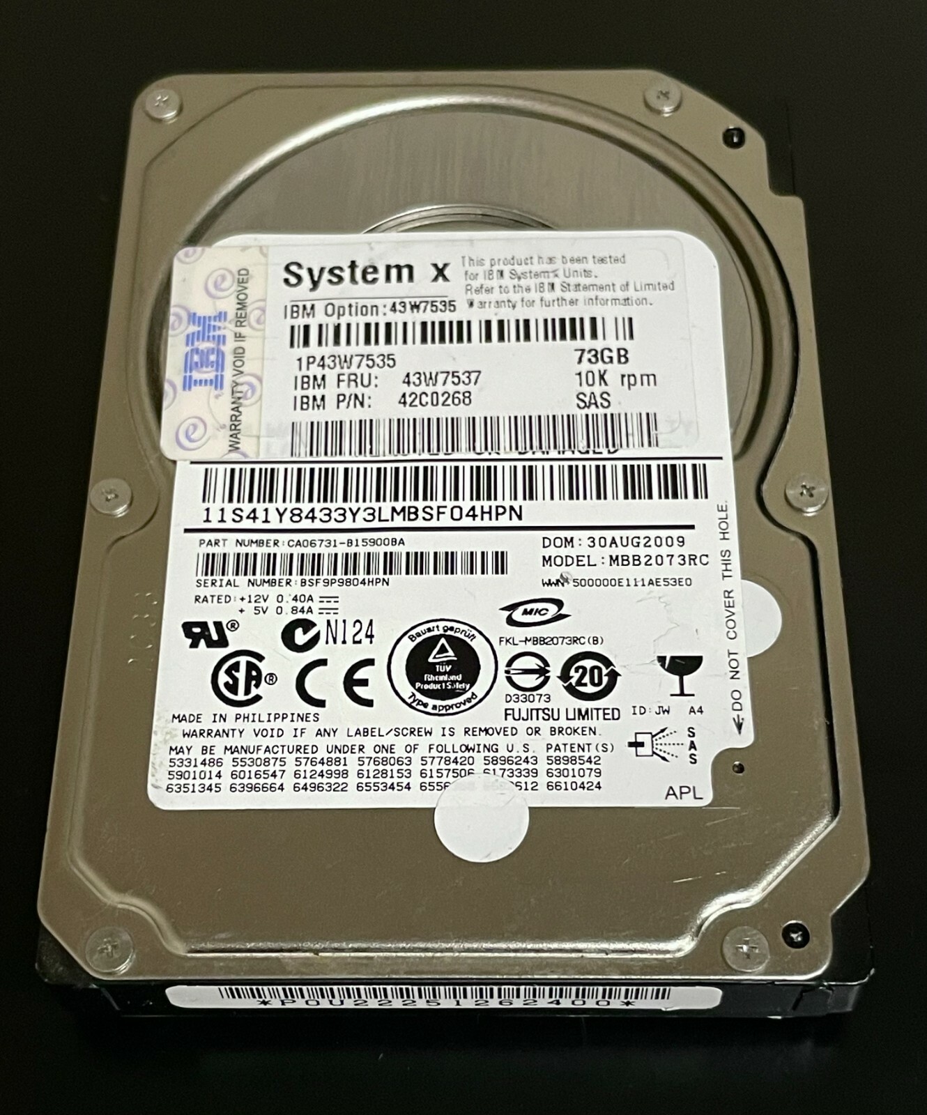 IBM 43W7535 43W7537 42C0268 73GB 10K SFF 2.5" H/S SAS HDD  Hard Drive W/O Tray