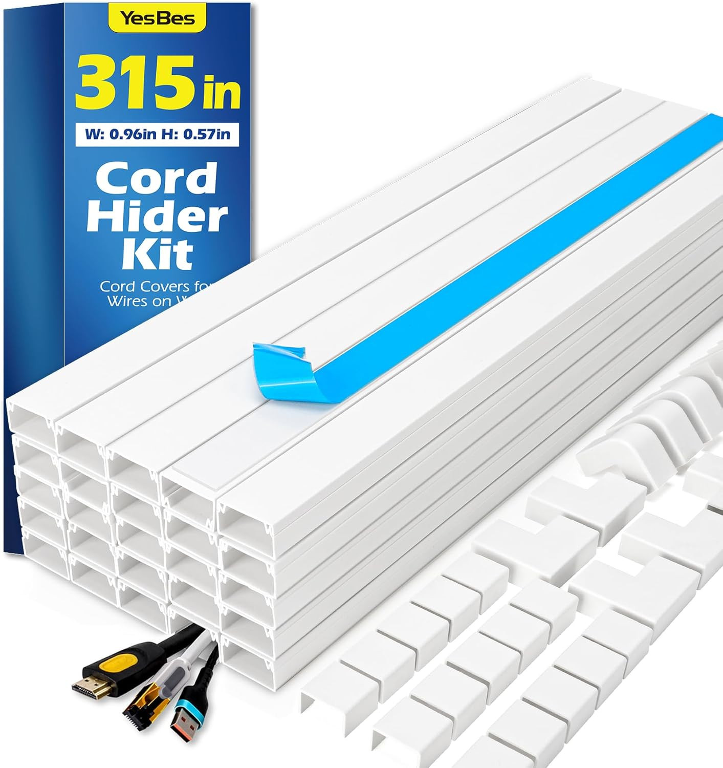 315in Paintable Cable Raceway Cord Hider Wall Mount TV Wire Cover Kit 20Pcs Whit
