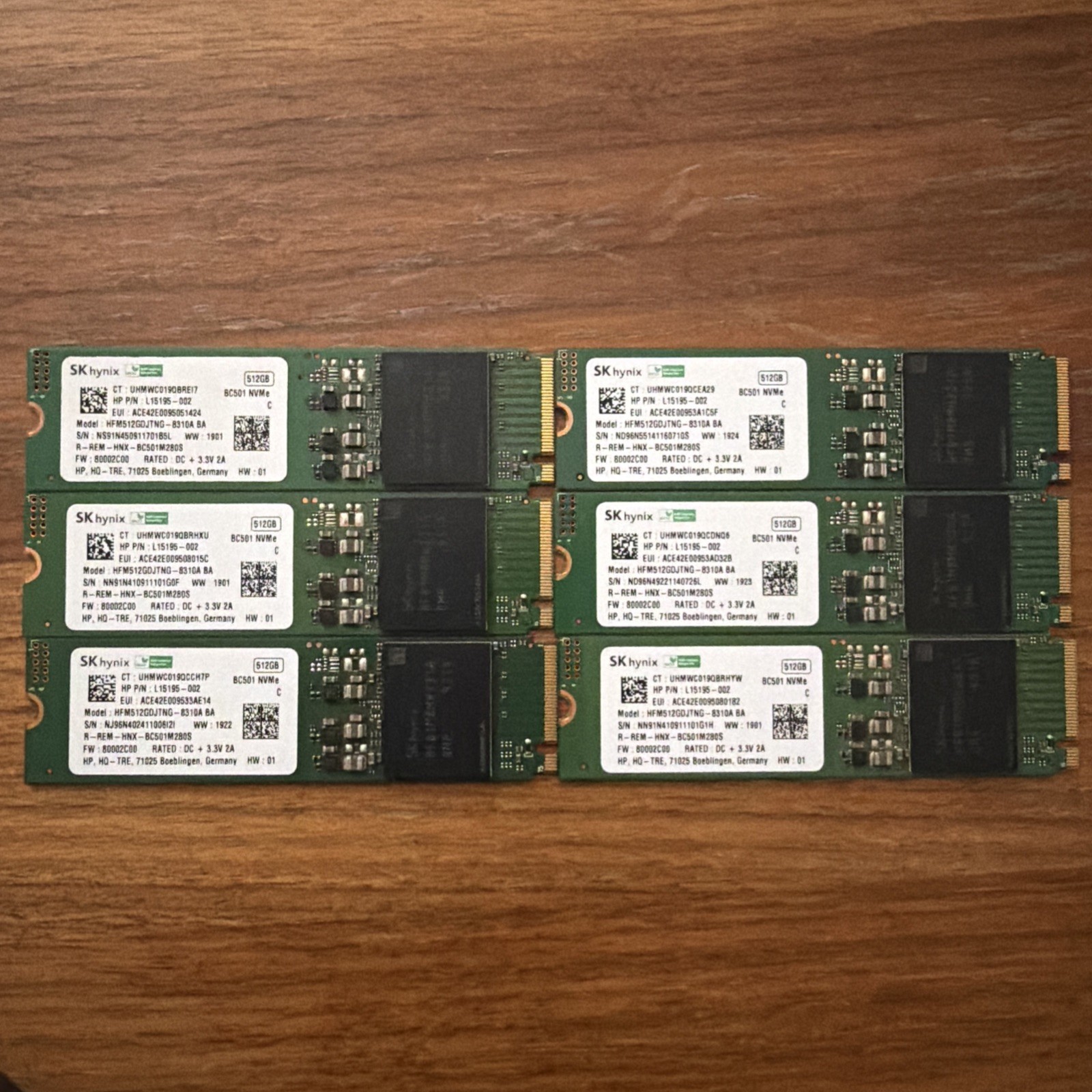 LOT OF 6 - SK Hynix - 2280 BC501 512GB M.2 NVMe Gen 3.0x4 SSD HFM512GDJTNG-8310A