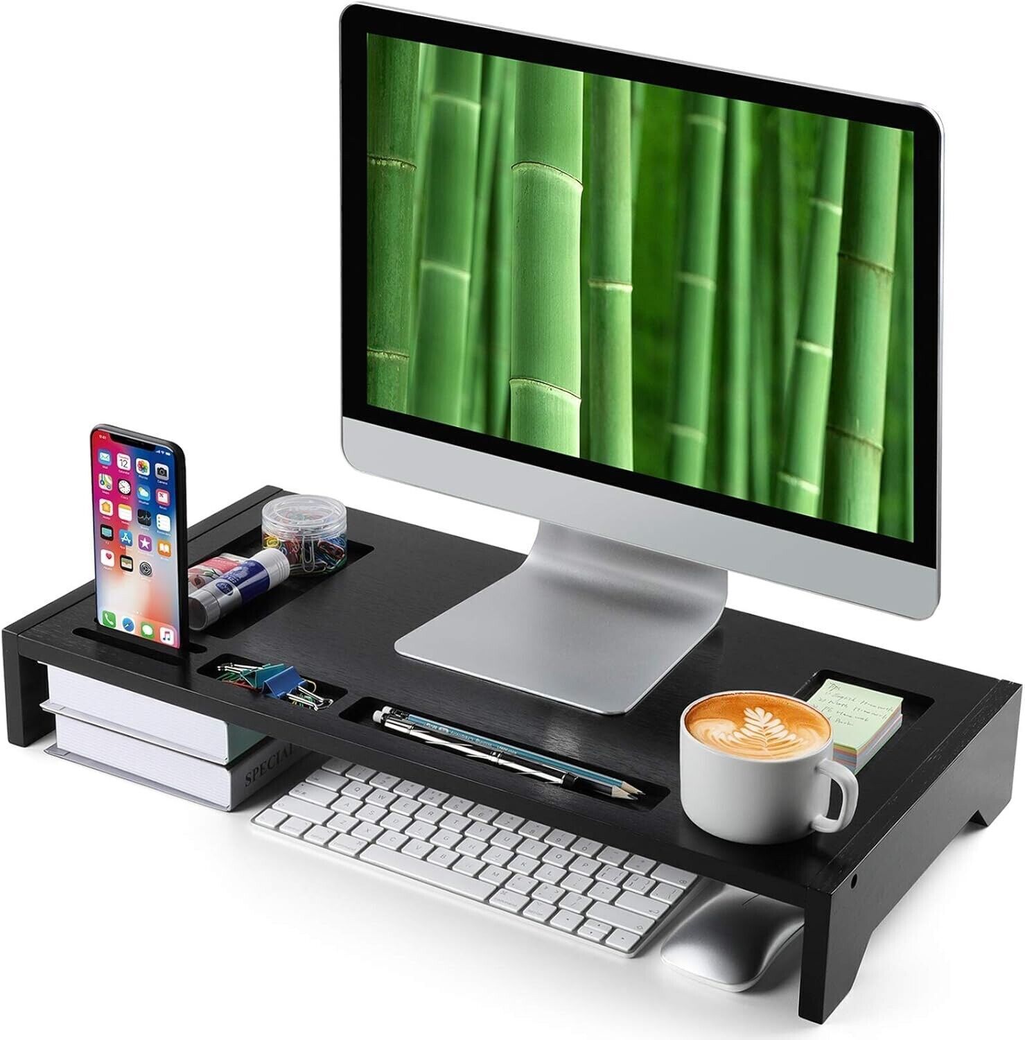 23 inch Bamboo Monitor Stand Riser with Storage Organizer Computer Laptop Stand