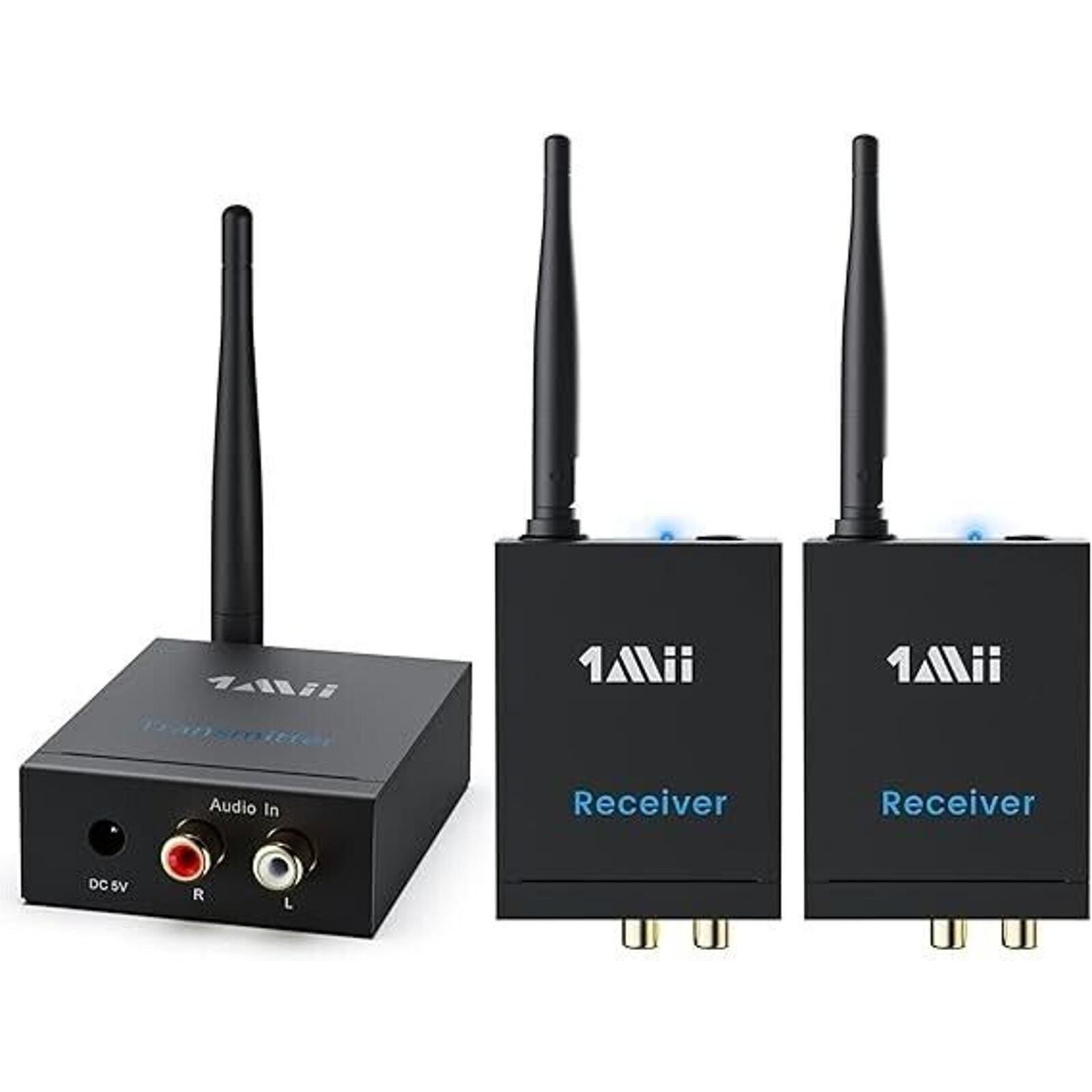 NEW 1Mii 3-in-1 2.4GHz Wireless Audio Transmitter and 2 Receivers for TV Speaker