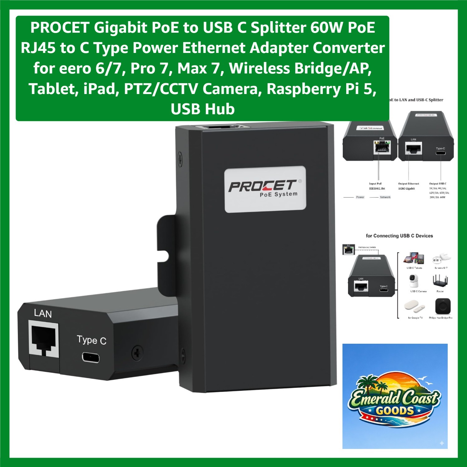 60W PoE to USB C Splitter - Efficient Power Ethernet Adapter for Smart Devices