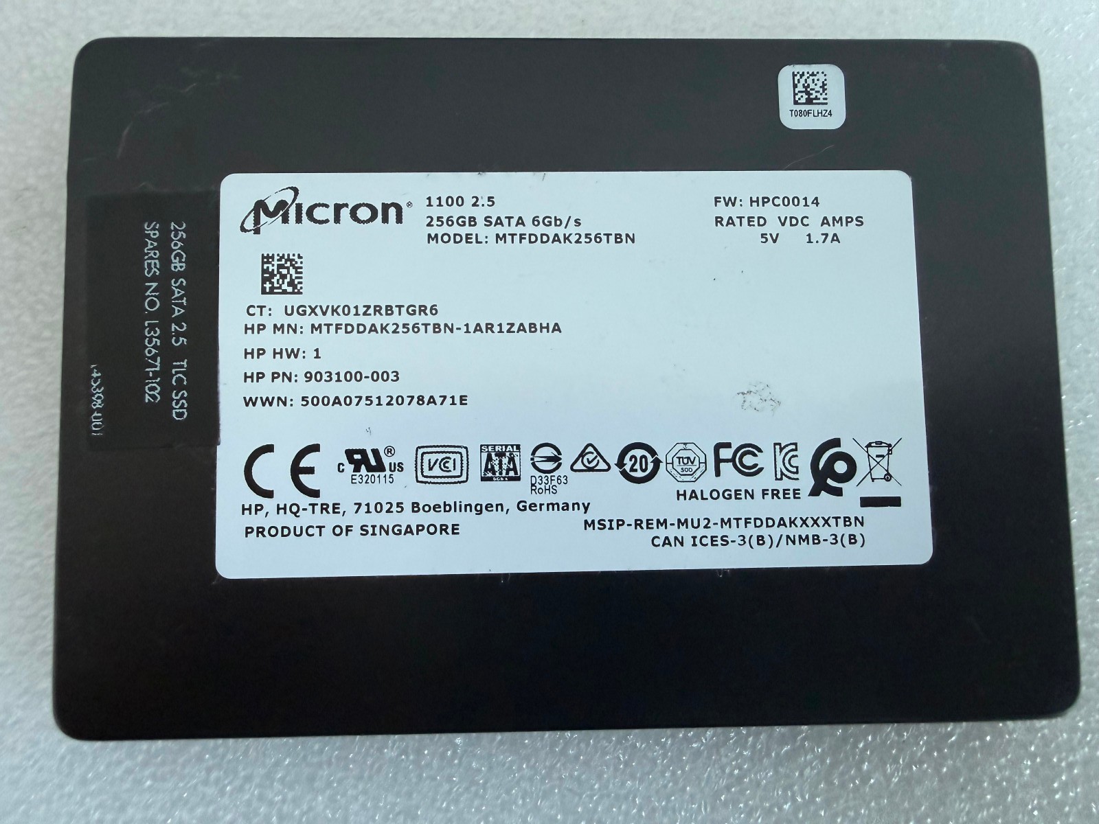 Micron 1100 256GB 2.5" SATA SSD HP Part 903100-003 MTFDDAK256TBN
