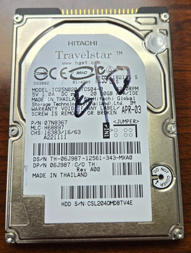 Hitachi  IC25N020ATCS04-0 20GB ATA/IDE 2.5" HDD USED AS-IS
