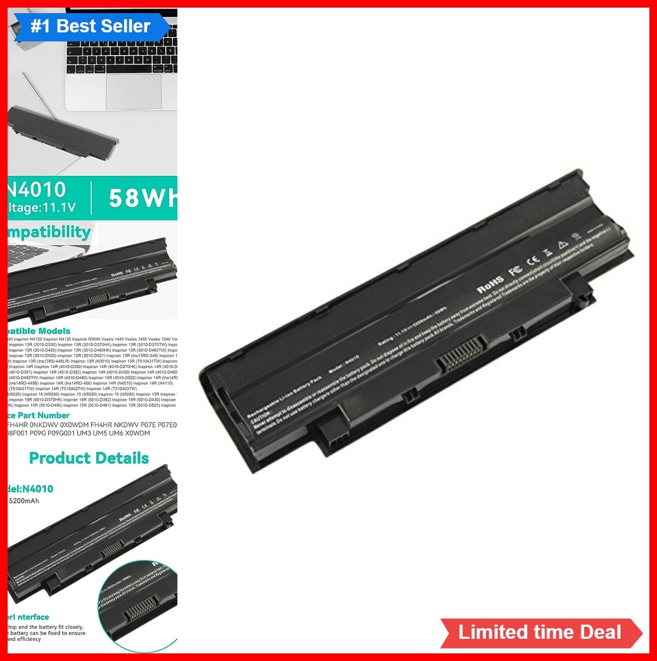 6 Cell Laptop Battery 11.1V 5200mAh 58Wh Lithium Ion Rechargeable Replacement