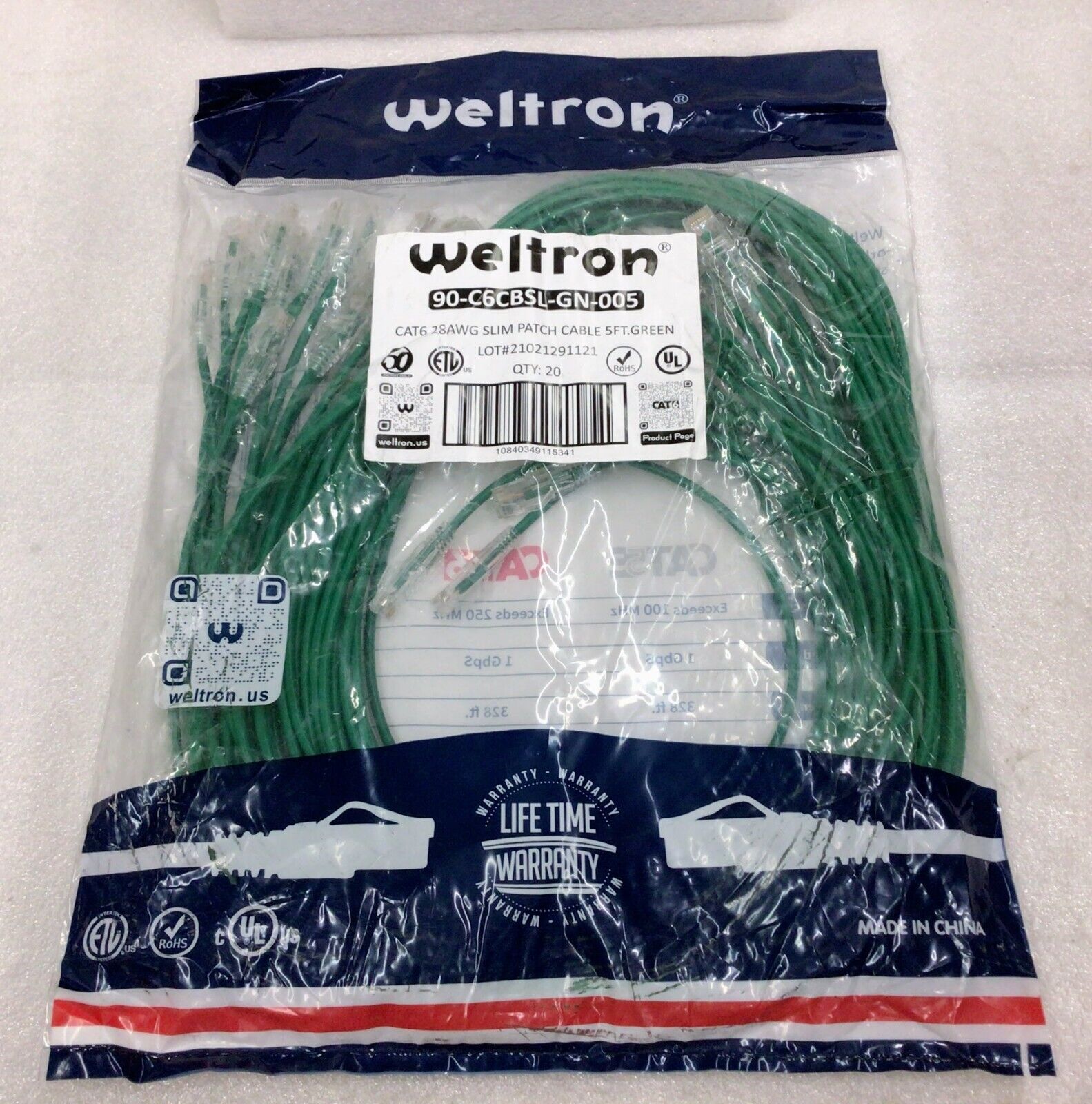Weltron Slim Cat6 Ethernet Patch Cable, 90-C6CBSL-GN-005, Green- 5ft • 20 Pack
