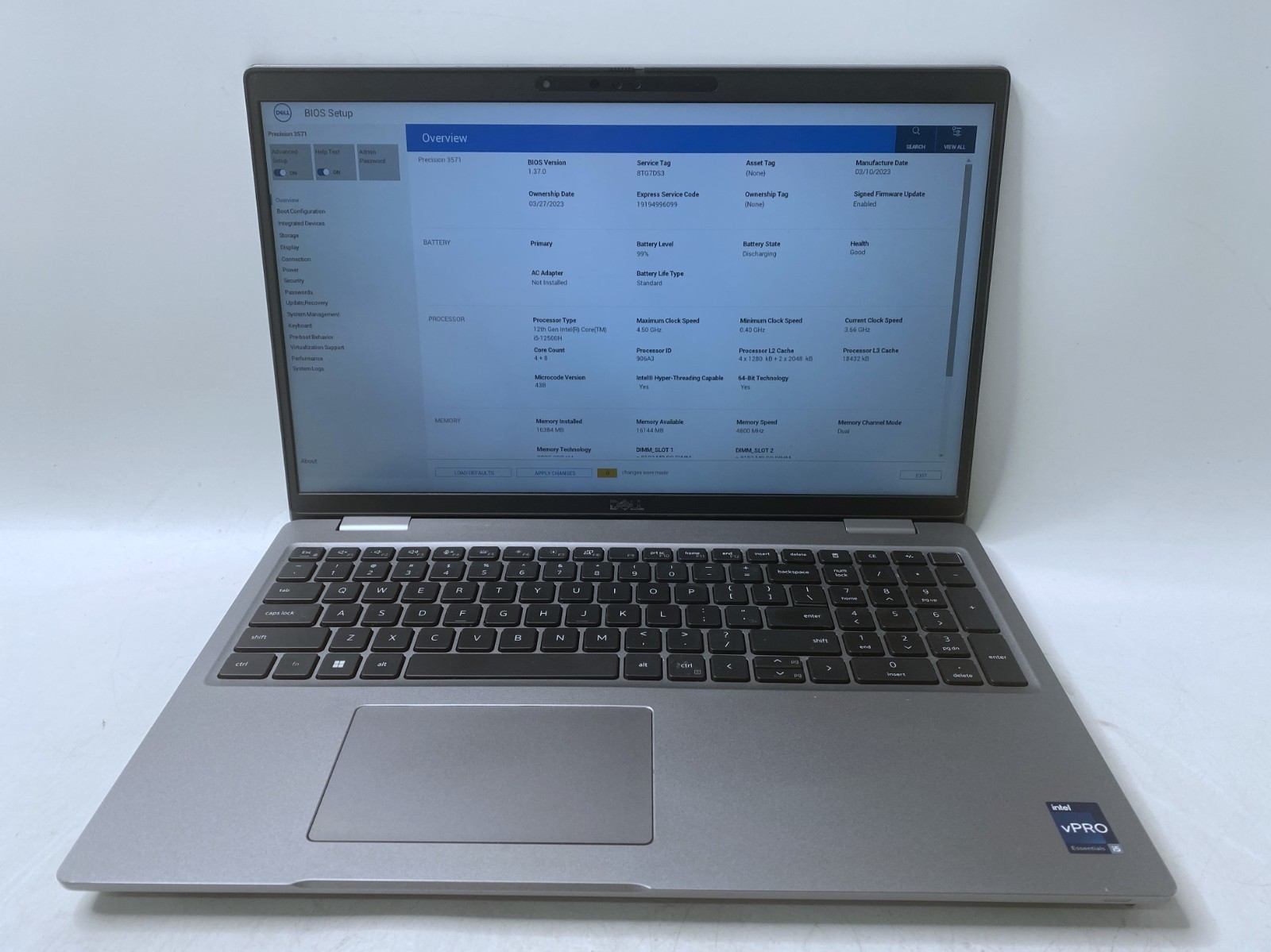 FOR PARTS Dell Precision 3571 i5-12500H NVIDIA T600 No RAM/SSD 60% Batt Bad KB