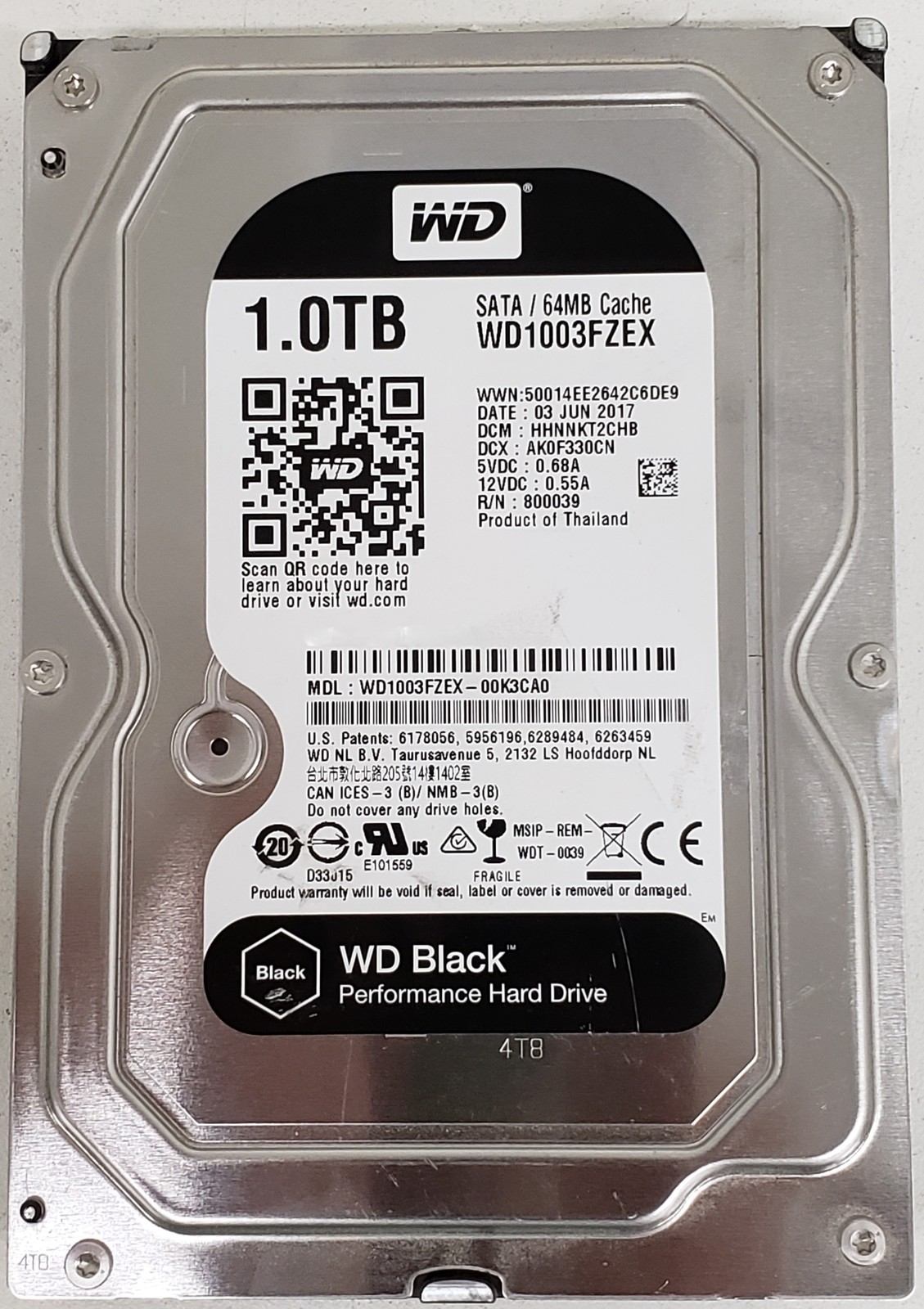 Western Digital Black 1TB 3.5" SATA HDD 7200RPM P/N: WD1003FZEX-00K3CA0.