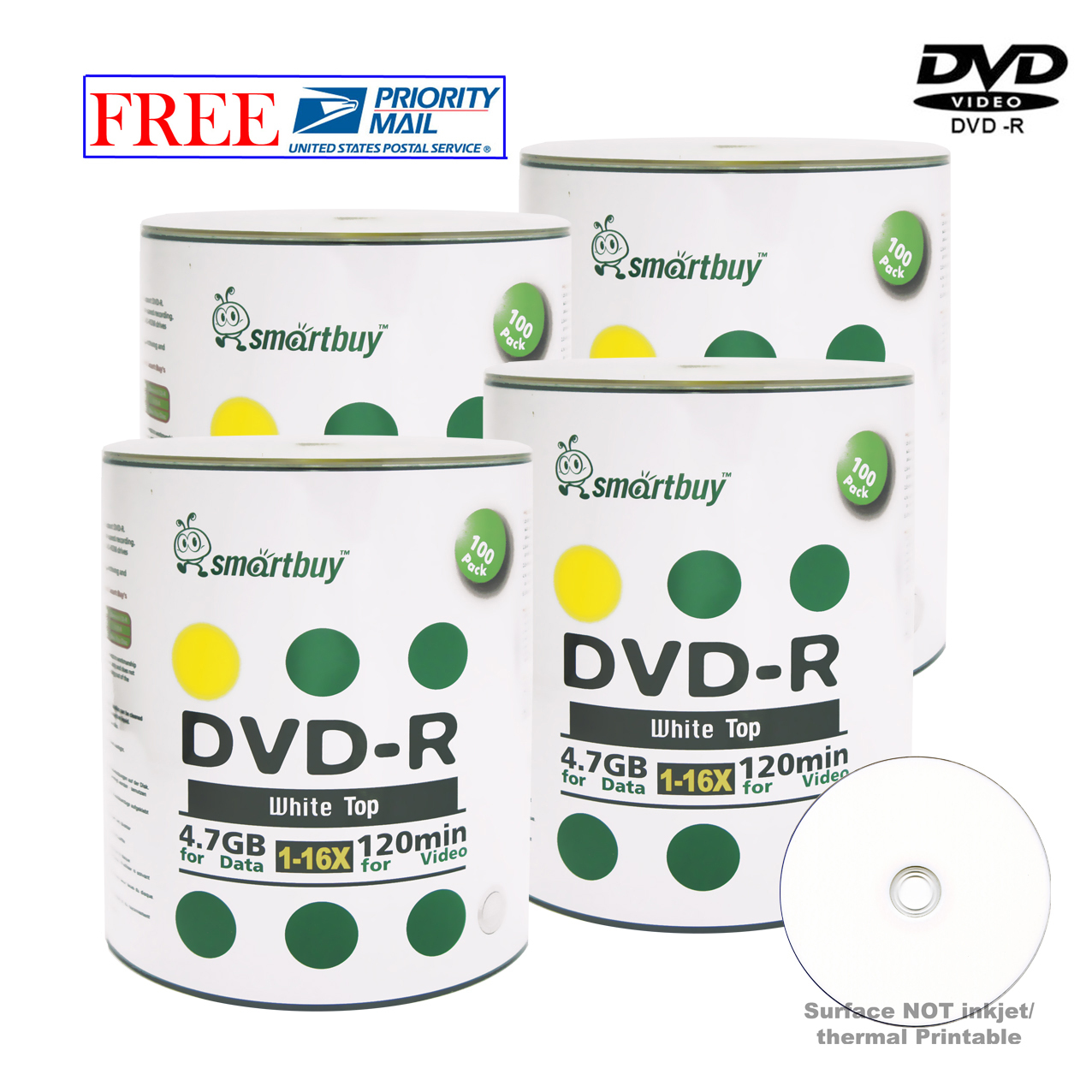 400 Pcs Smartbuy Blank DVD-R DVDR 16X 4.7GB White Top Storage Recordable Disc