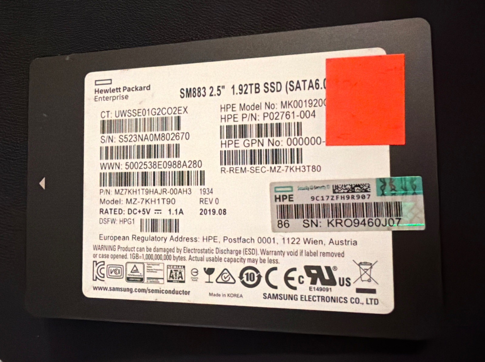 Hewlett Packard Enterprise 1.92Tb SSD Model: MK001920GWSSE