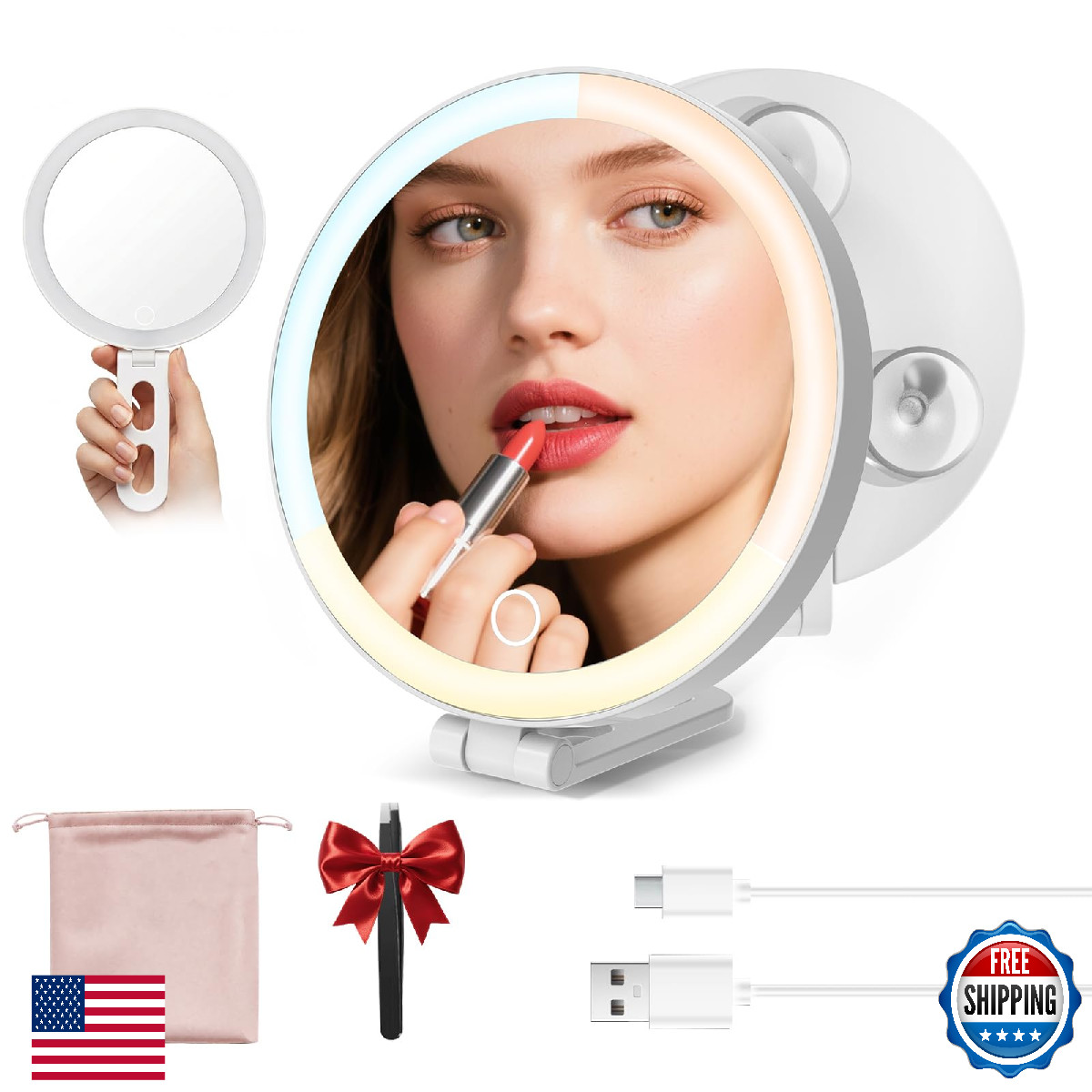 Travel Makeup Mirror with Lights, Lighted Magnifying Mirror 10X, 4-in-1 Portable