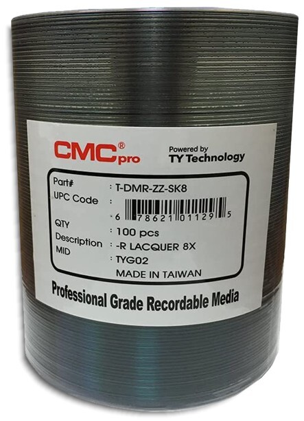100-Pak CMC Pro (TY Technology) 8X SPEED Shiny-Silver DVD-Rs in Tapewrap