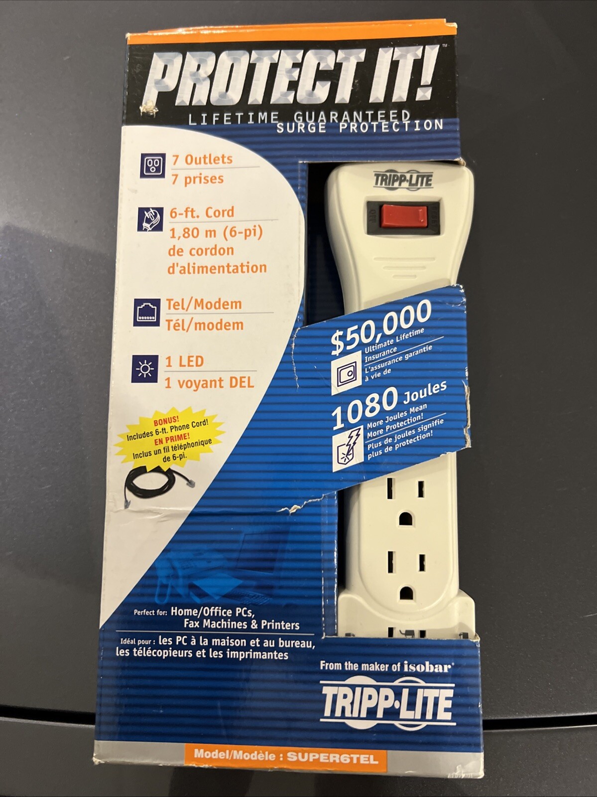 TRIPP LITE SUPER6TEL Datacom Surge Protector,7 Outlet,Gry 5JK41