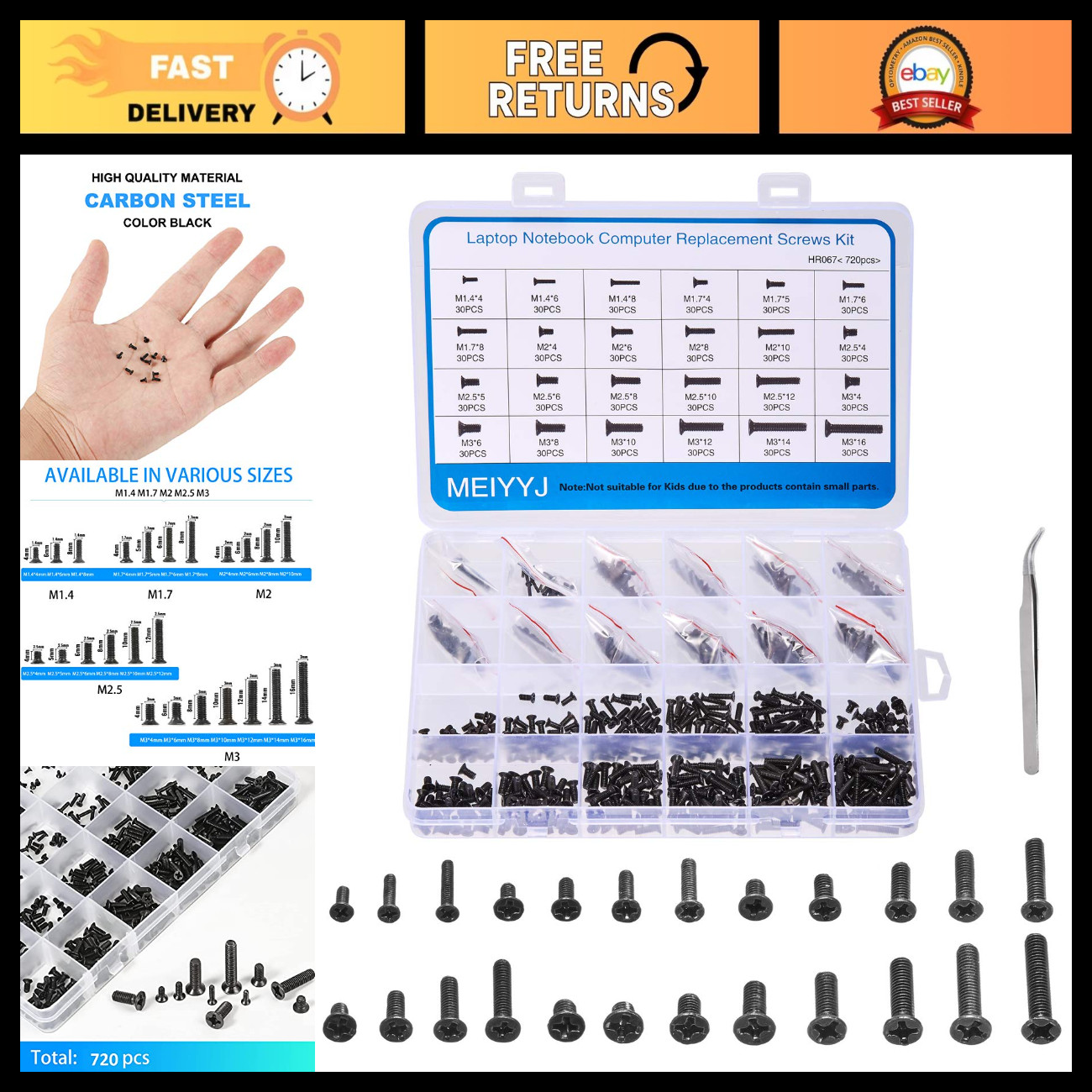720pcs Laptop Screws Set - Replacement Kit M1.4 M1.7 M2 M2.5 M3 Flat Head Philli