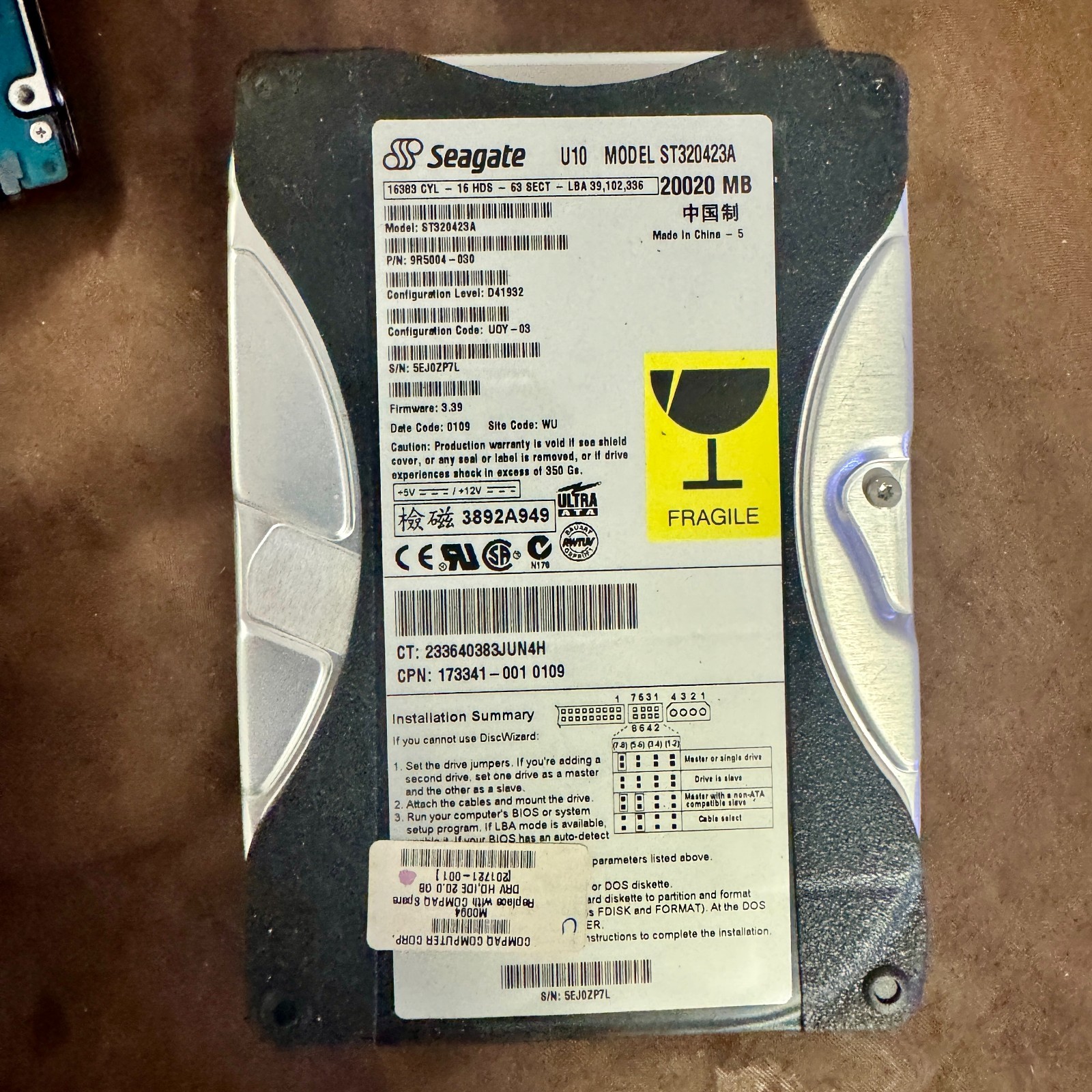 Seagate U10 ST320423A IDE HDD Working, Wiped Clean (No Jumper Included)