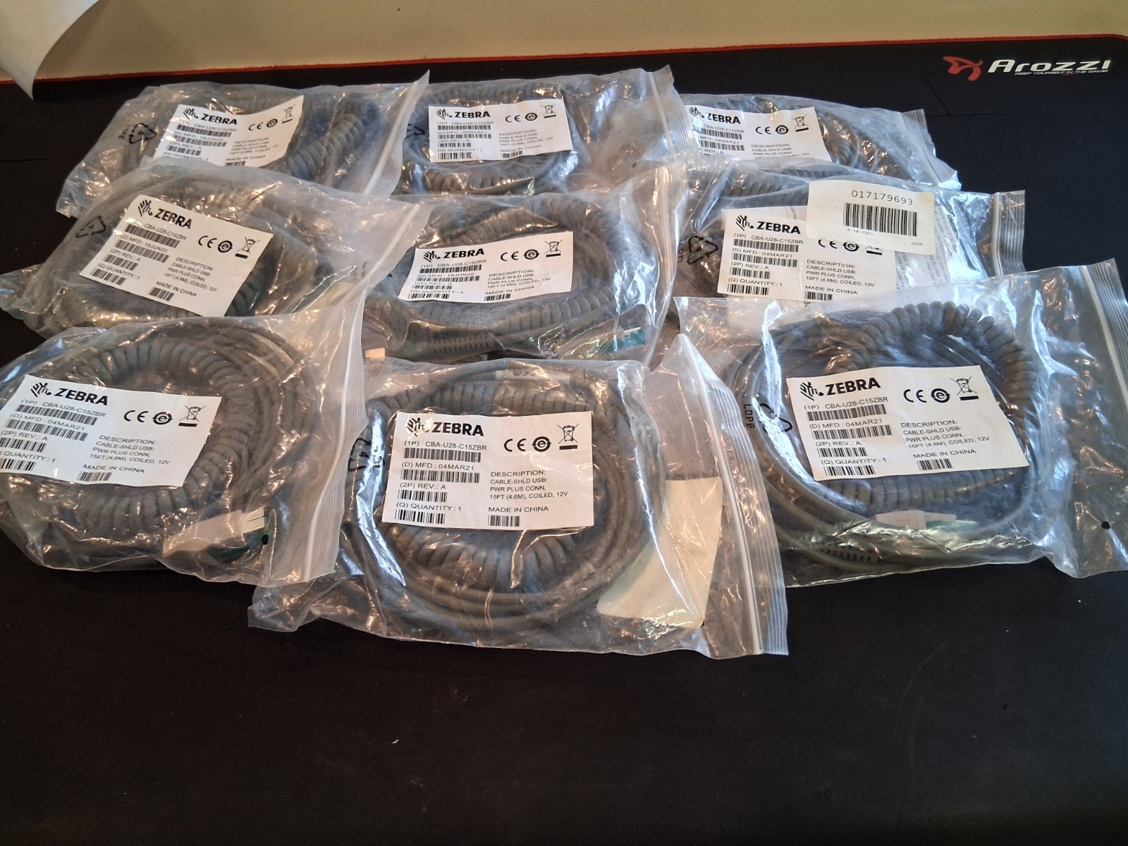 Lot of 9 Zebra 15FT Shielded USB Cable Coiled CBA-U29-C15ZBR