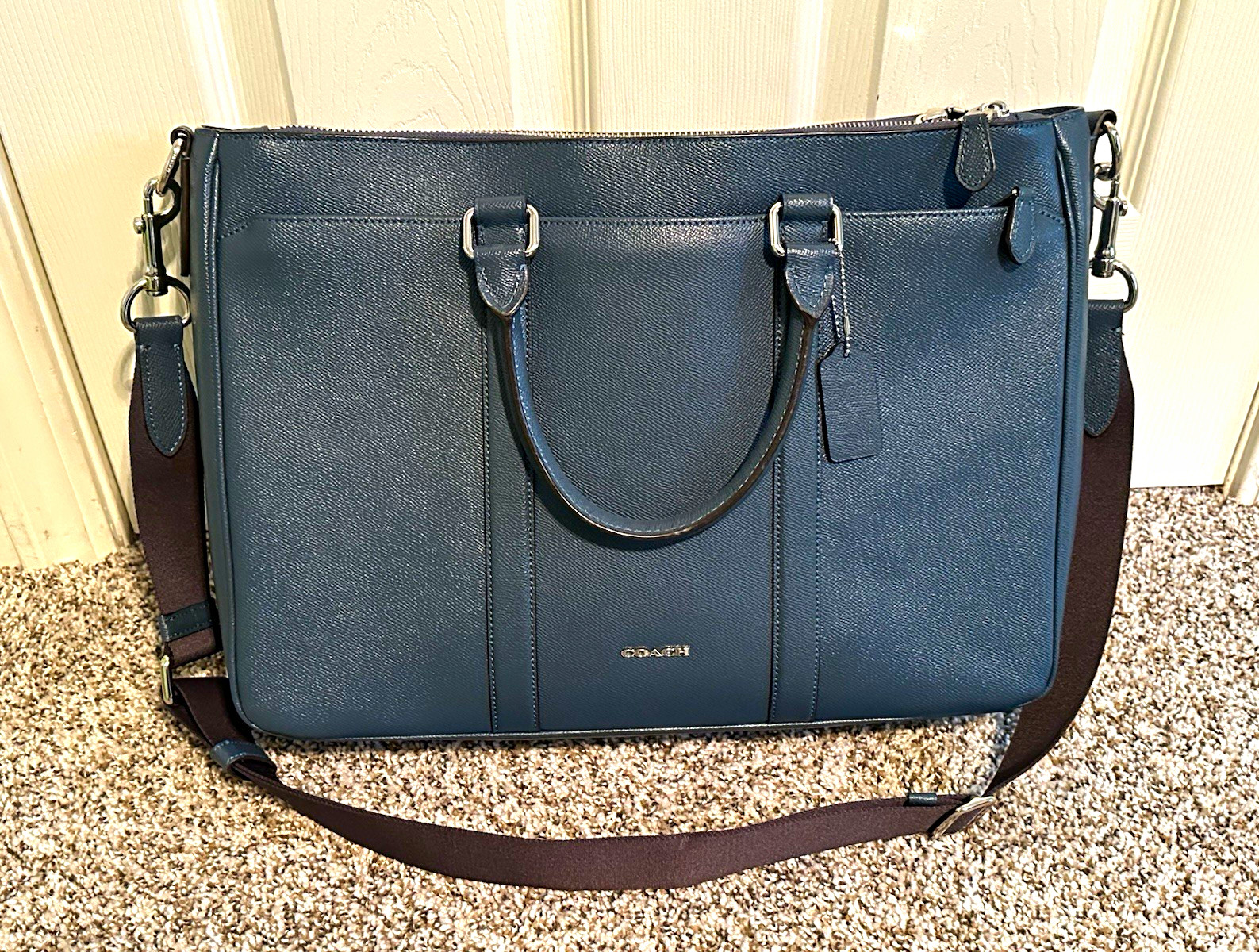 Coach Navy Blue Pebble Leather 17”Laptop / Briefcase w/ detachable strap
