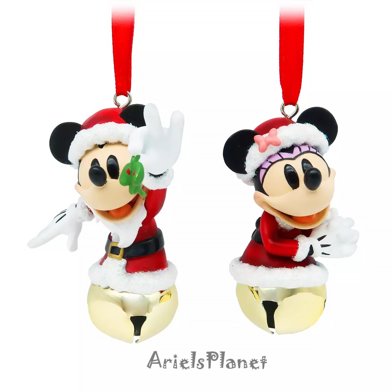 Disney Parks Santa Mickey and Minnie Mouse Bell Ornament Set