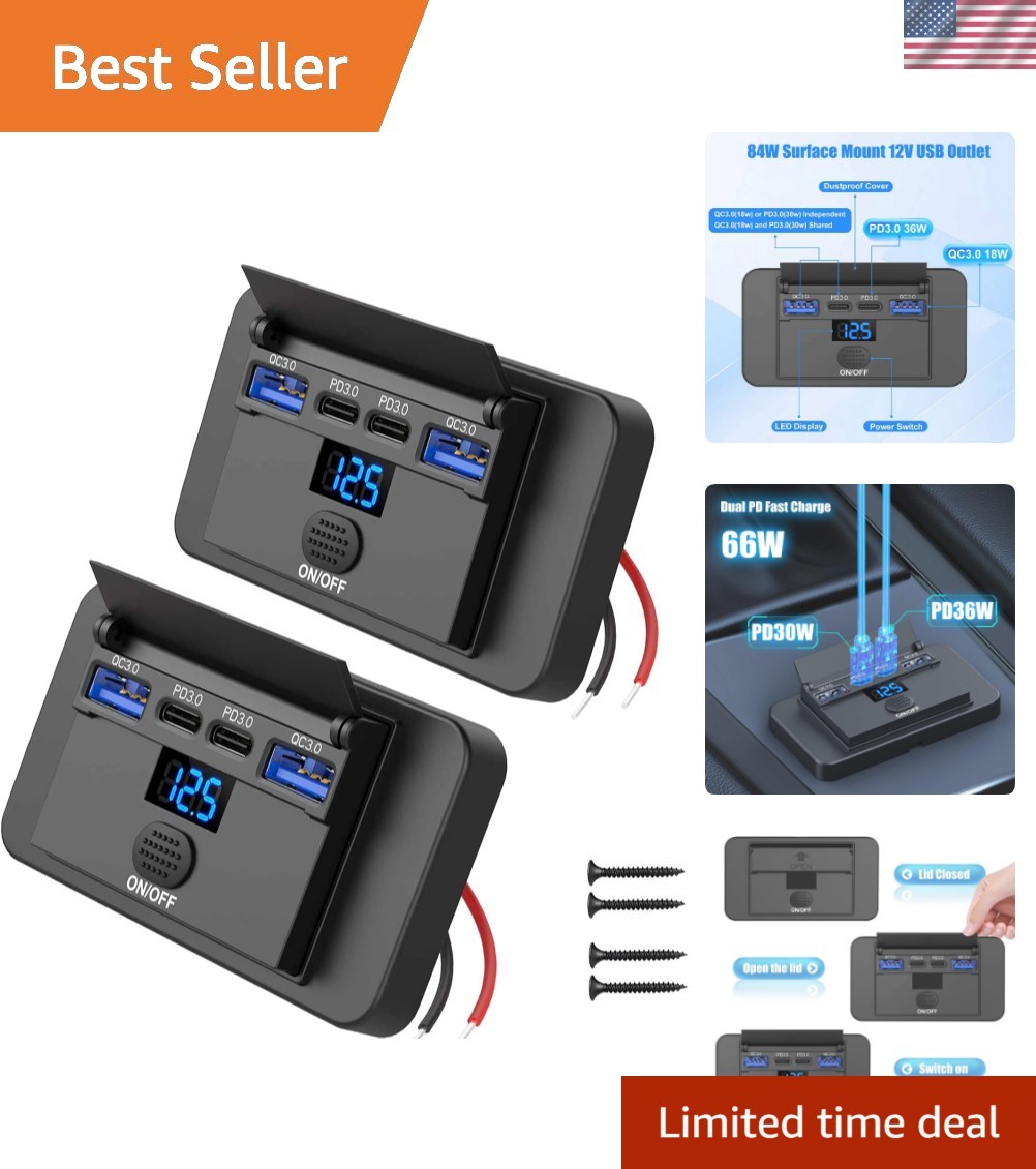 2 Pack 12V USB Outlet Surface Mount 4 Port with Voltmeter, Dual PD 36W and QC...