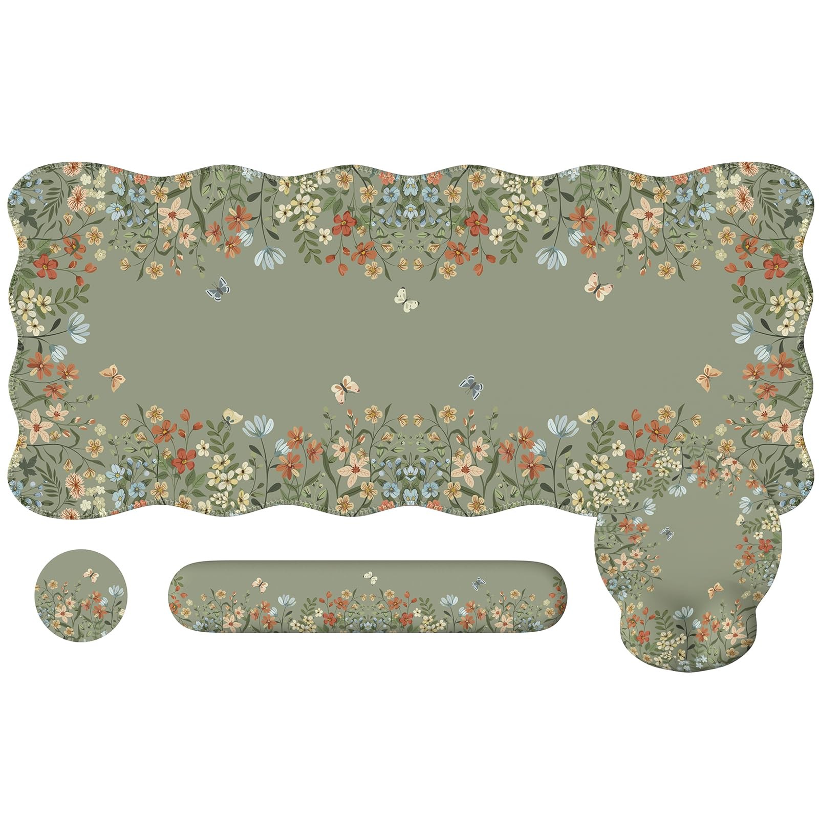 Floral Desk Mat Set Mouse Pad Wrist Rest Scalloped Edges NonSlip Green PC