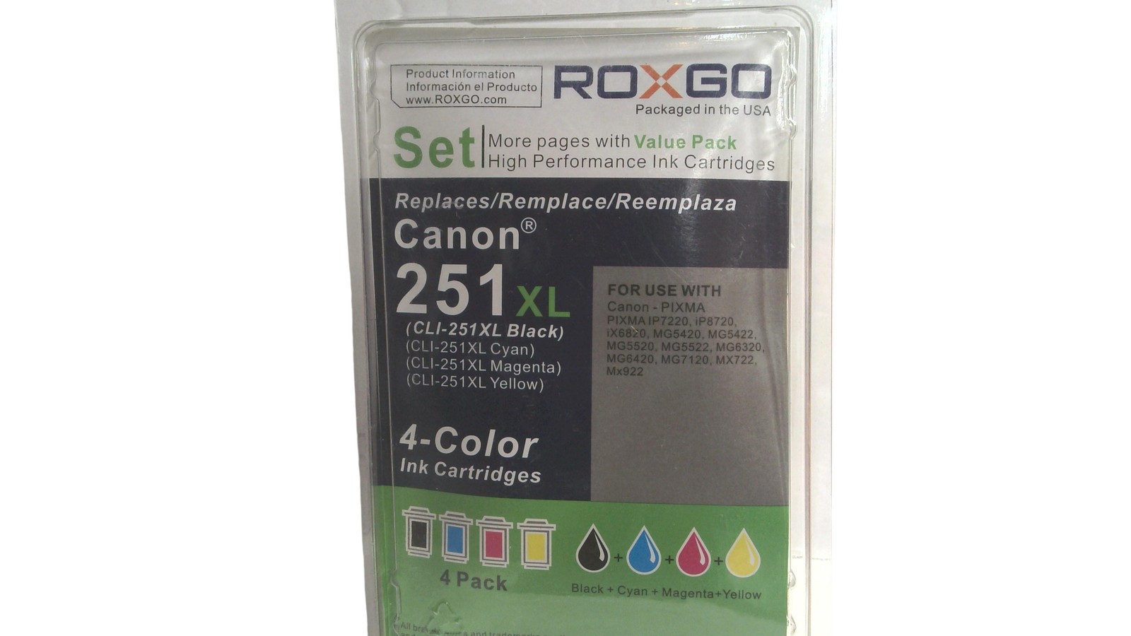 ROXGO CLI-251XL 251XL Compatible Ink Cartridges 4 Pack Black Cyan Magenta Yellow