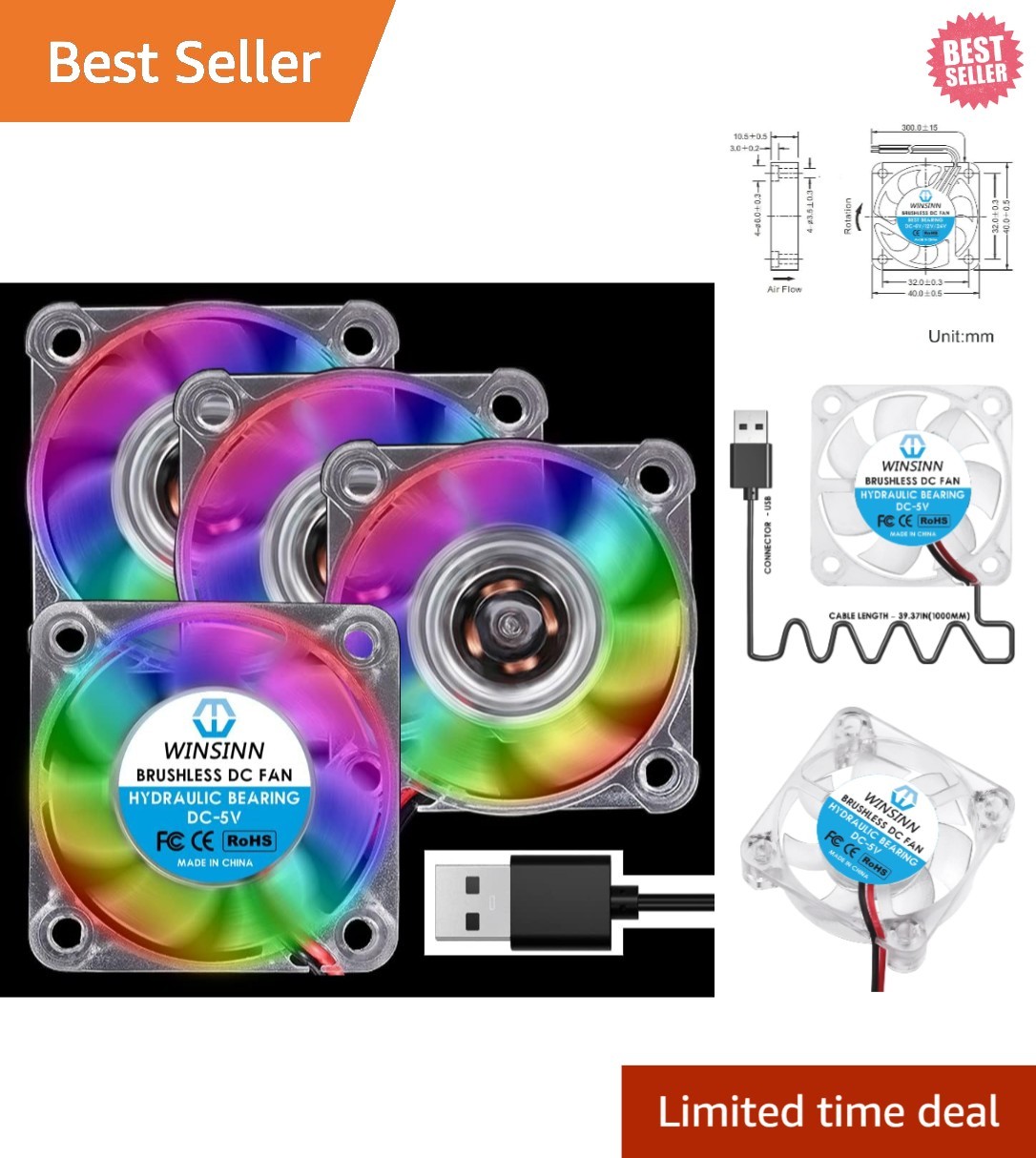 40mm RGB USB Fan 5V - Colorful LED Cooling Solution for PCs & Printers