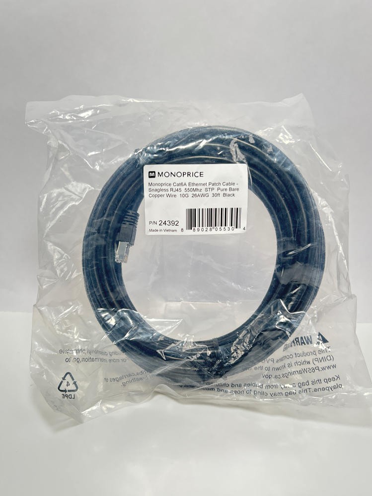 Monoprice Cat6A Ethernet Cable 30ft S/FTP 10G 500MHz 26AWG RJ45 Black Shielded