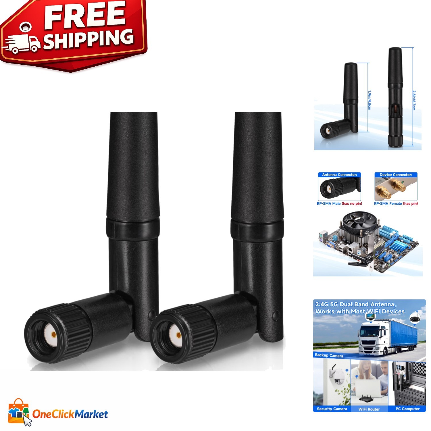 Dual Band 2.4GHz 5GHz RP-SMA WiFi Antennas - Compact 2-Pack for Powerful Signal