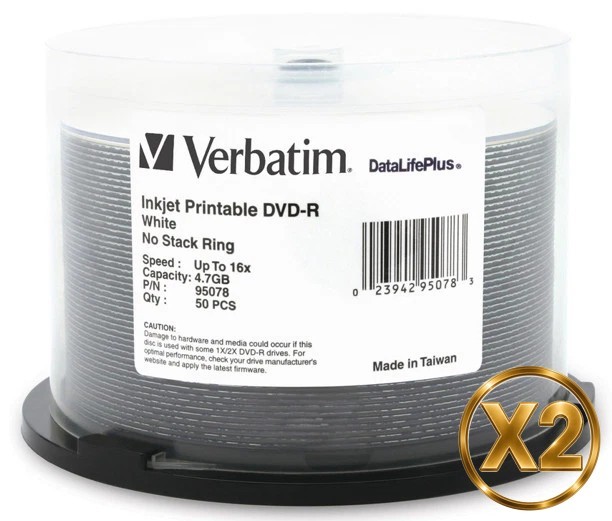 100-Pak Verbatim 16X WHITE INKJET (clear hub) DataLifePlus DVD-R, Verbatim 95078