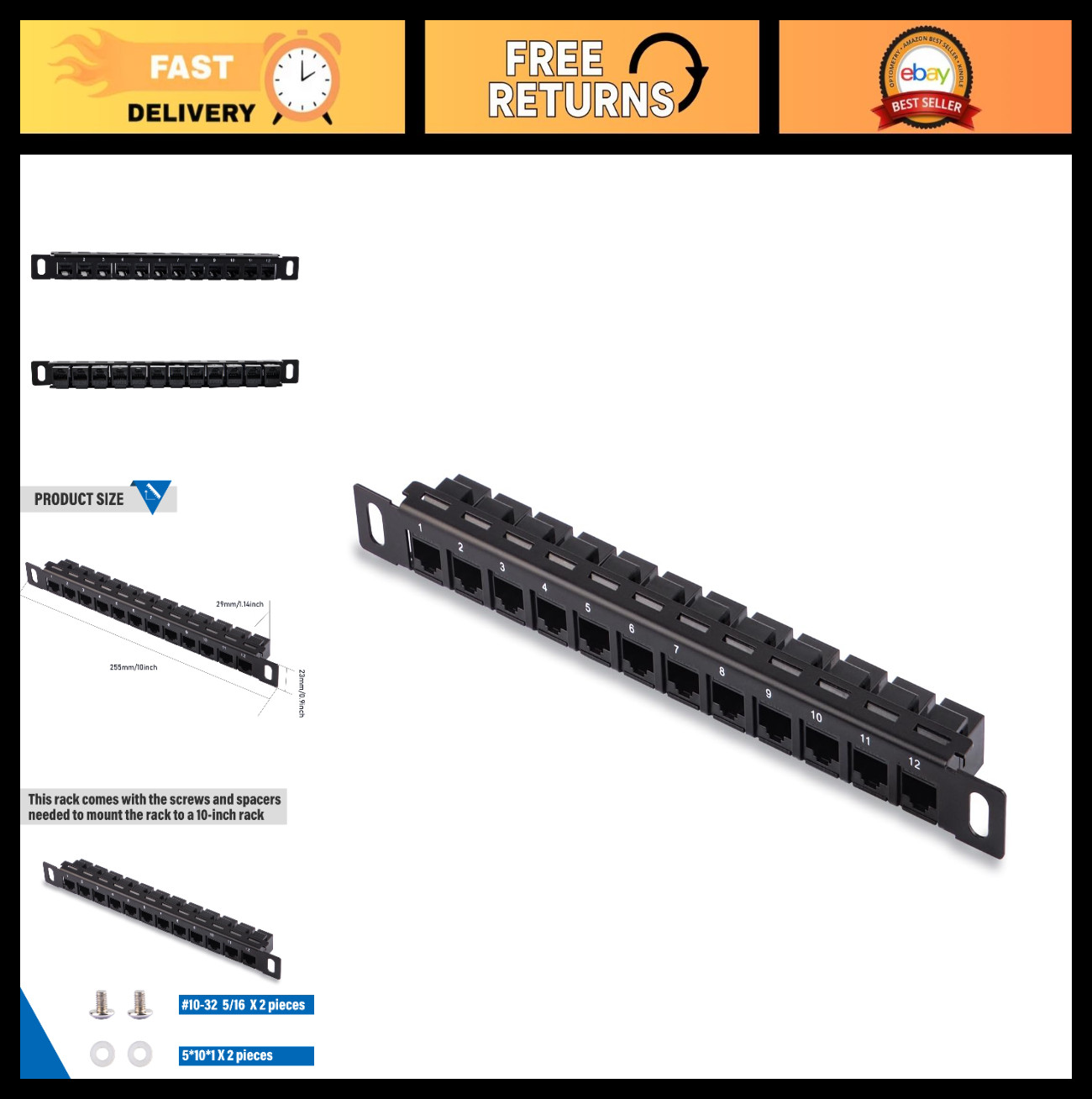 12 Port CAT6 Network Patch Panel 0.5U 10" for Server Rack & Cabinet - DeskPi Com