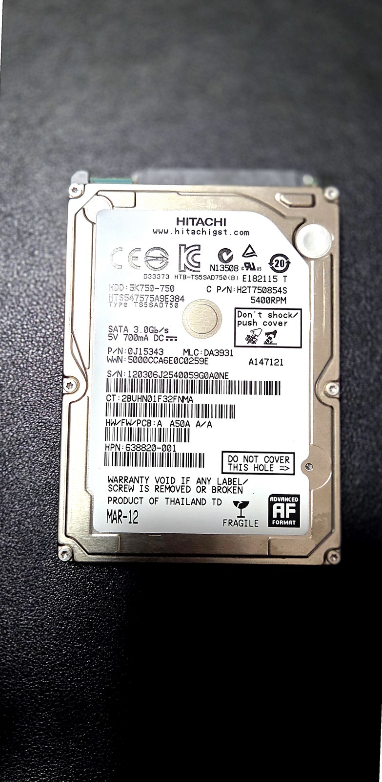 Hitachi Travelstar 5K750 750GB 2.5" SATA Laptop Hard Drive HTS547575A9E384