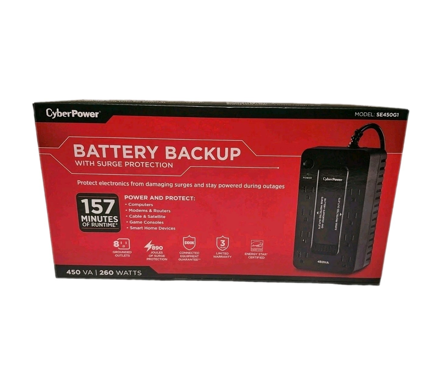 CyberPower UPS PC Battery Backup , 8 Outlets & 5 ft. Cord, Black, Model: SE450G1