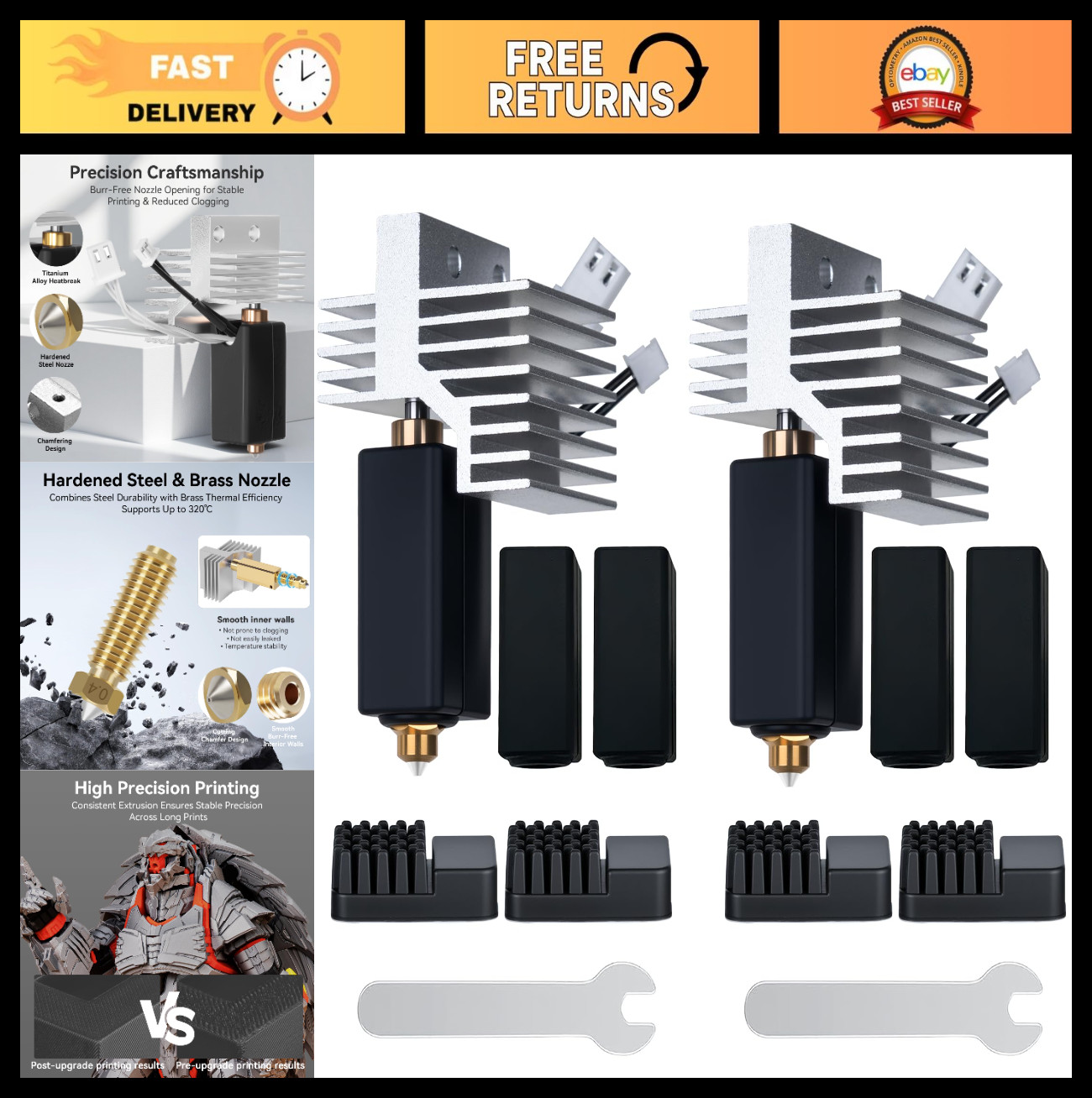 2PCS High Temp Carbon Ceramic Hotend Replacement, 0.4mm Nozzle & Silicone Cover