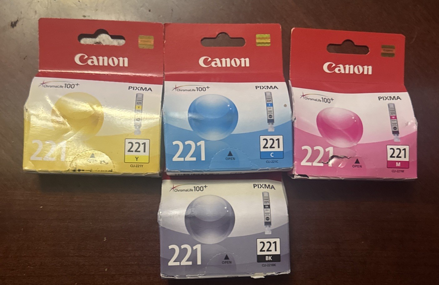 Genuine Canon 221 Black Cyan Magenta & Yellow Ink Cartridges Lot 0f 4