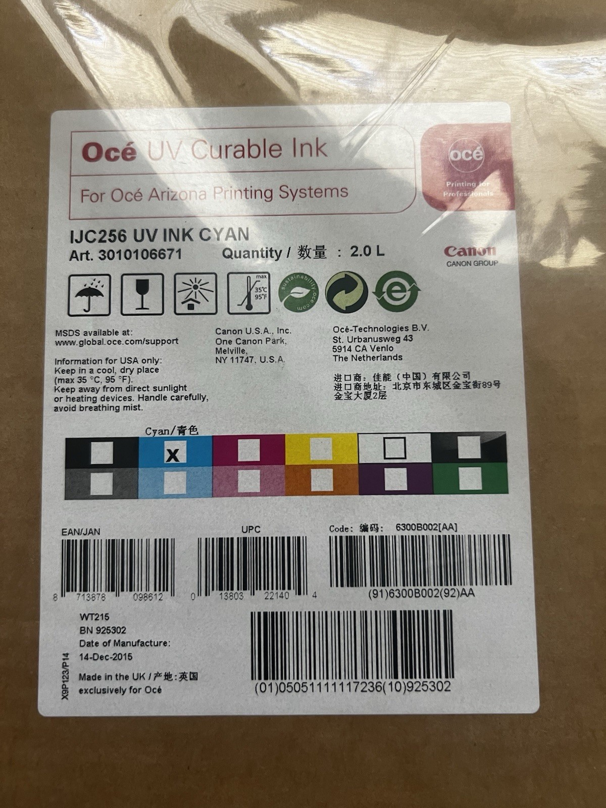 OCE IJC256 UV Curable Ink  3010106671, Cyan for OCE Arizona Printing Systems